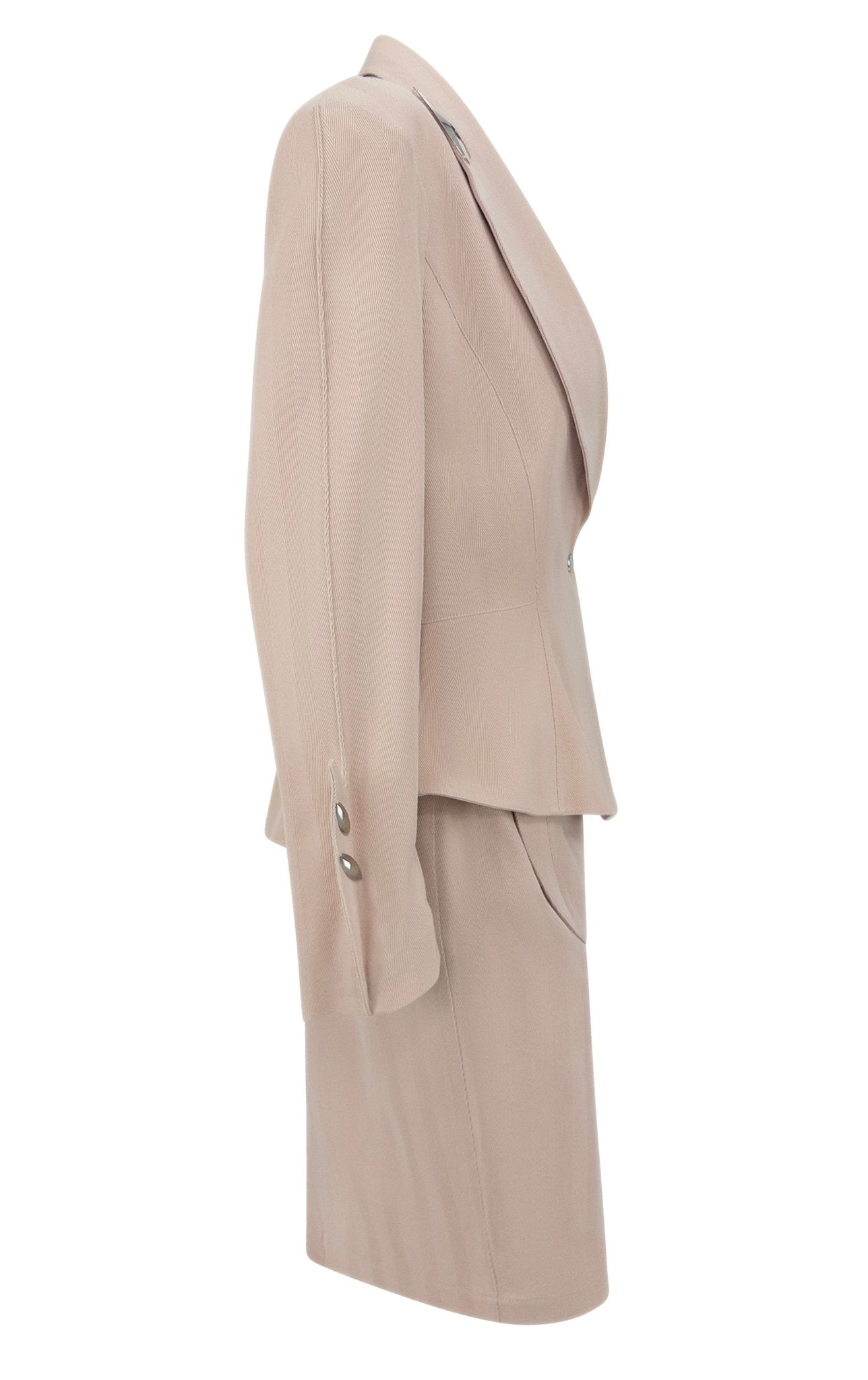 F/W 1989 Thierry Mugler 'Hiver Buick' Blush Studded Metal Accent Skirt Suit - RealList