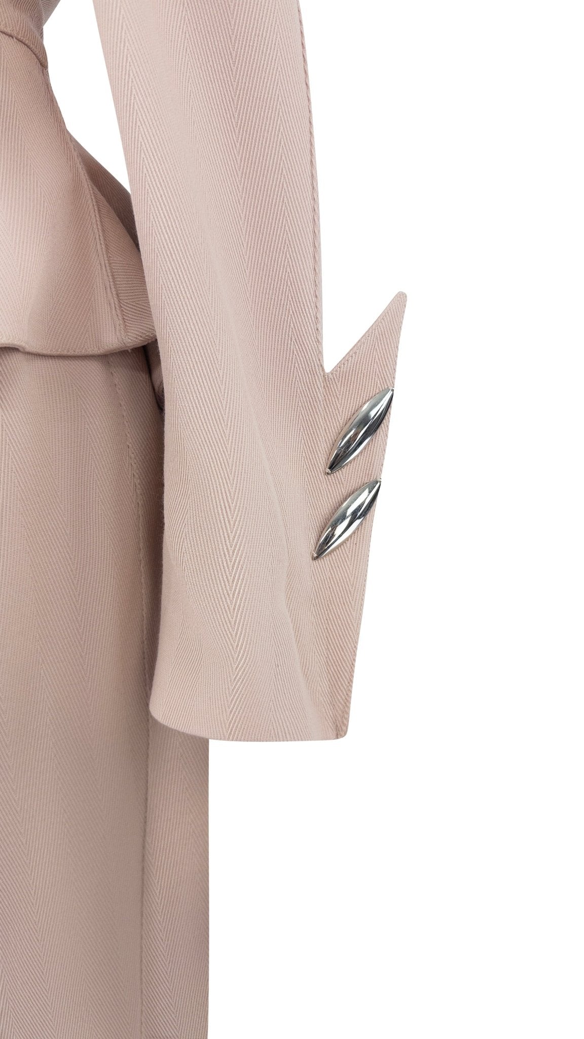 F/W 1989 Thierry Mugler 'Hiver Buick' Blush Studded Metal Accent Skirt Suit - RealList