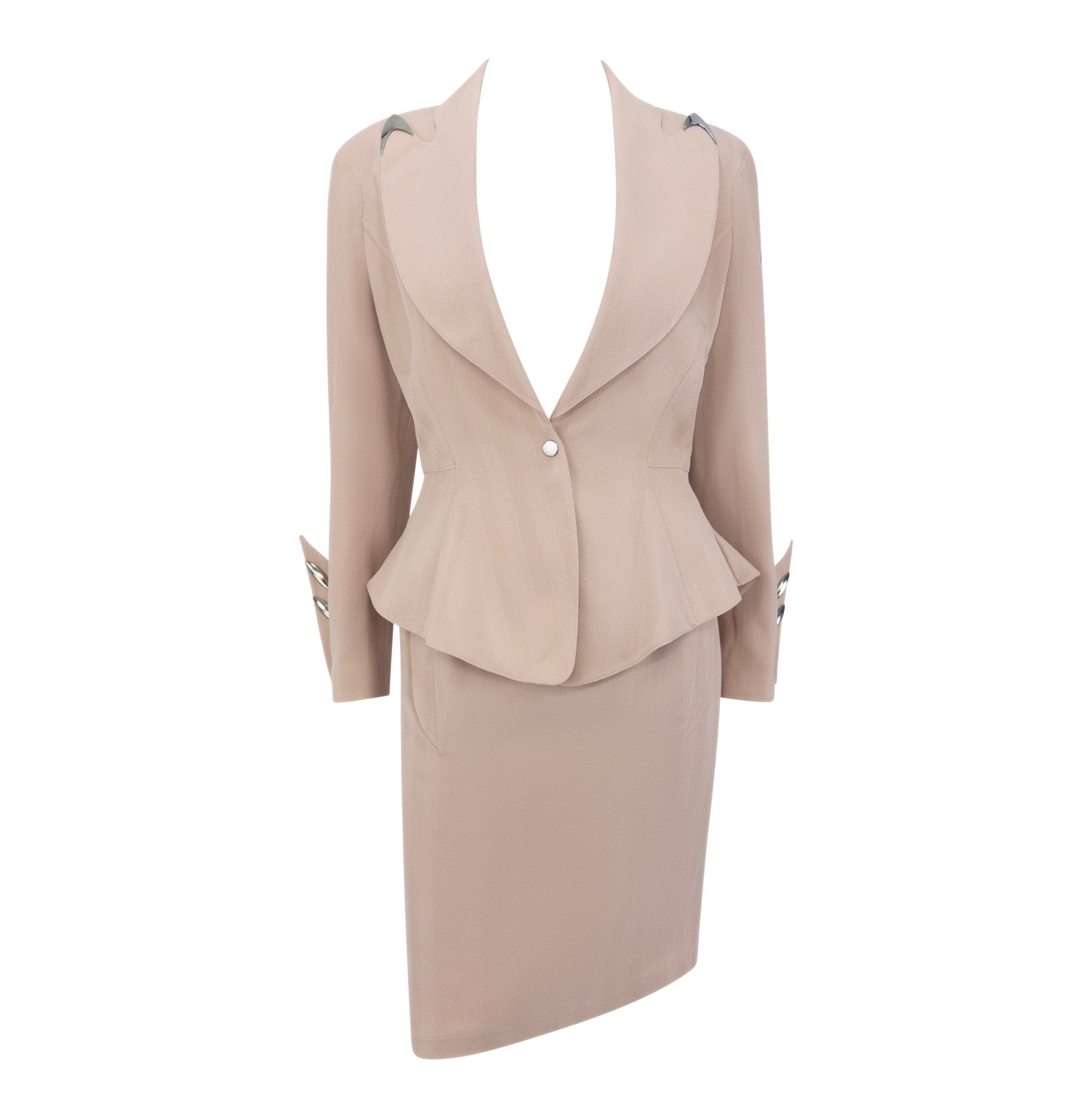F/W 1989 Thierry Mugler 'Hiver Buick' Blush Studded Metal Accent Skirt Suit - RealList