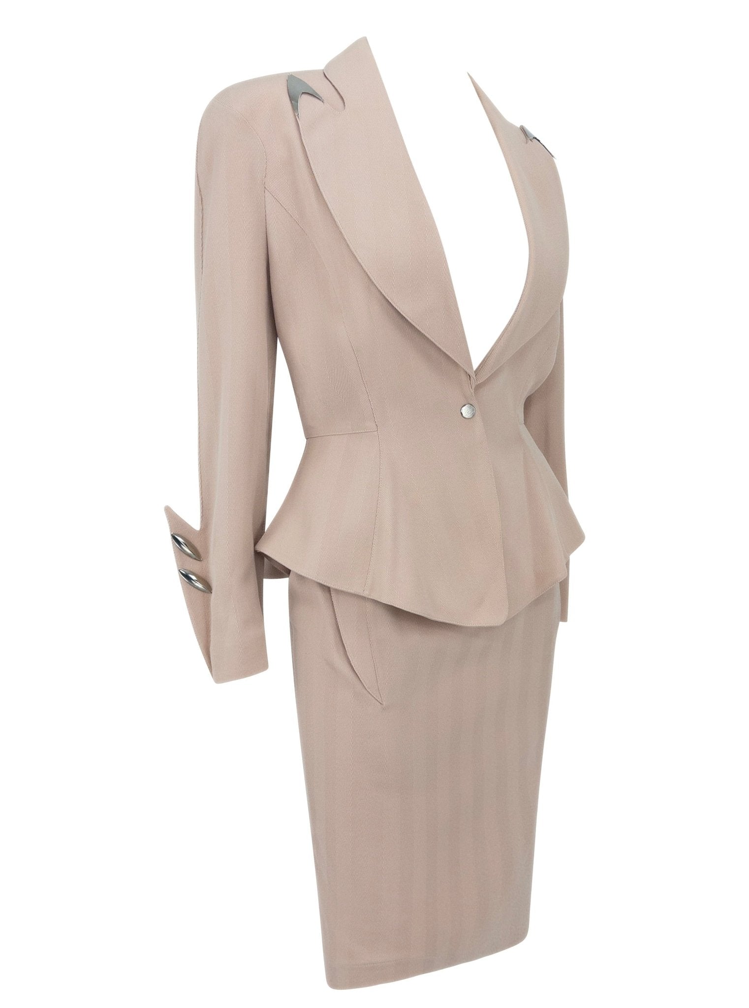 F/W 1989 Thierry Mugler 'Hiver Buick' Blush Studded Metal Accent Skirt Suit - RealList