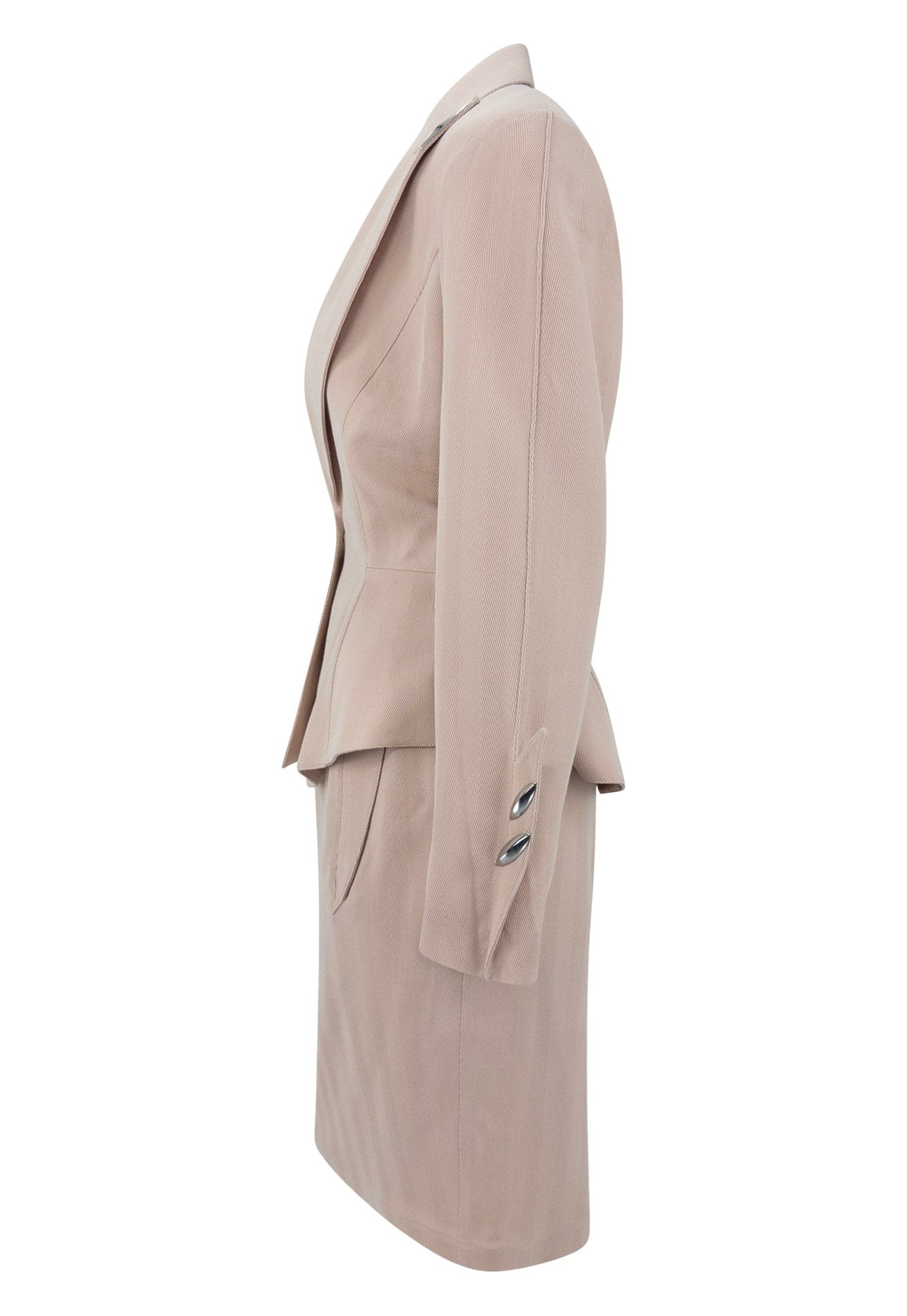 F/W 1989 Thierry Mugler 'Hiver Buick' Blush Studded Metal Accent Skirt Suit - RealList