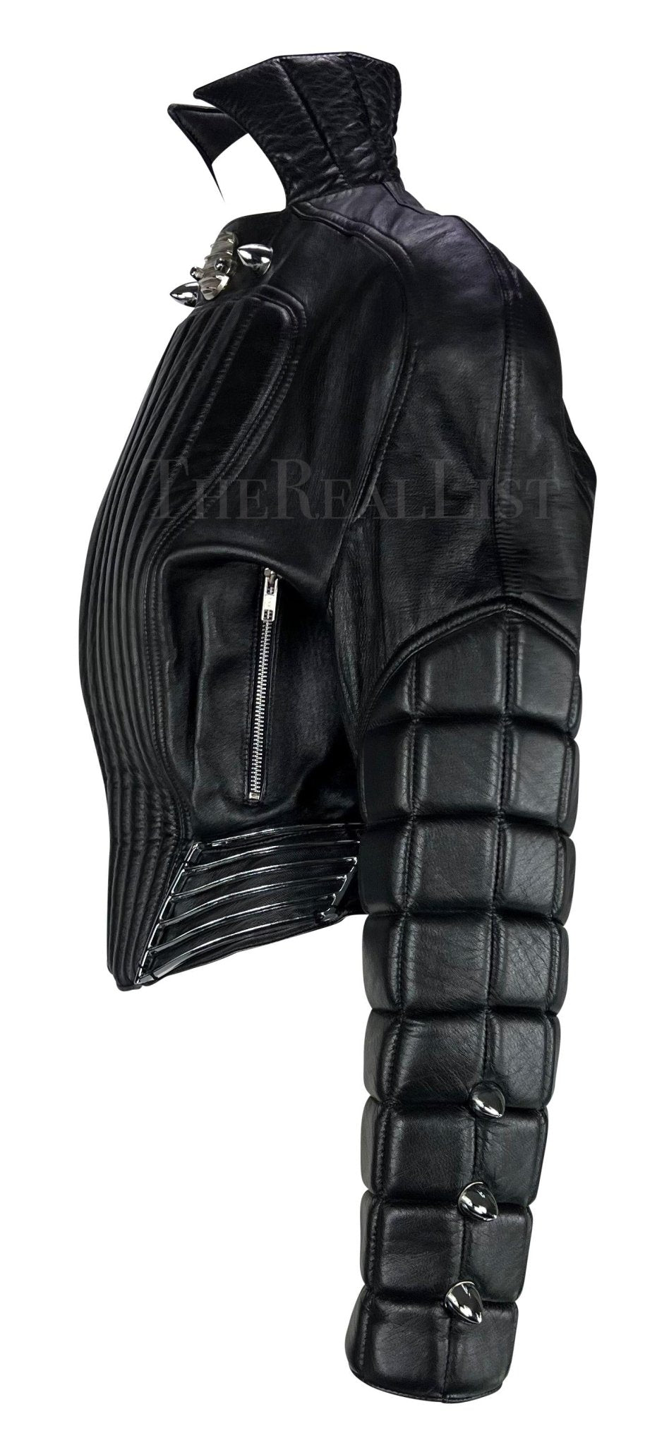 F/W 1989 Thierry Mugler Hiver Buick Sculptural Chrome Grille Leather Moto Jacket - RealList