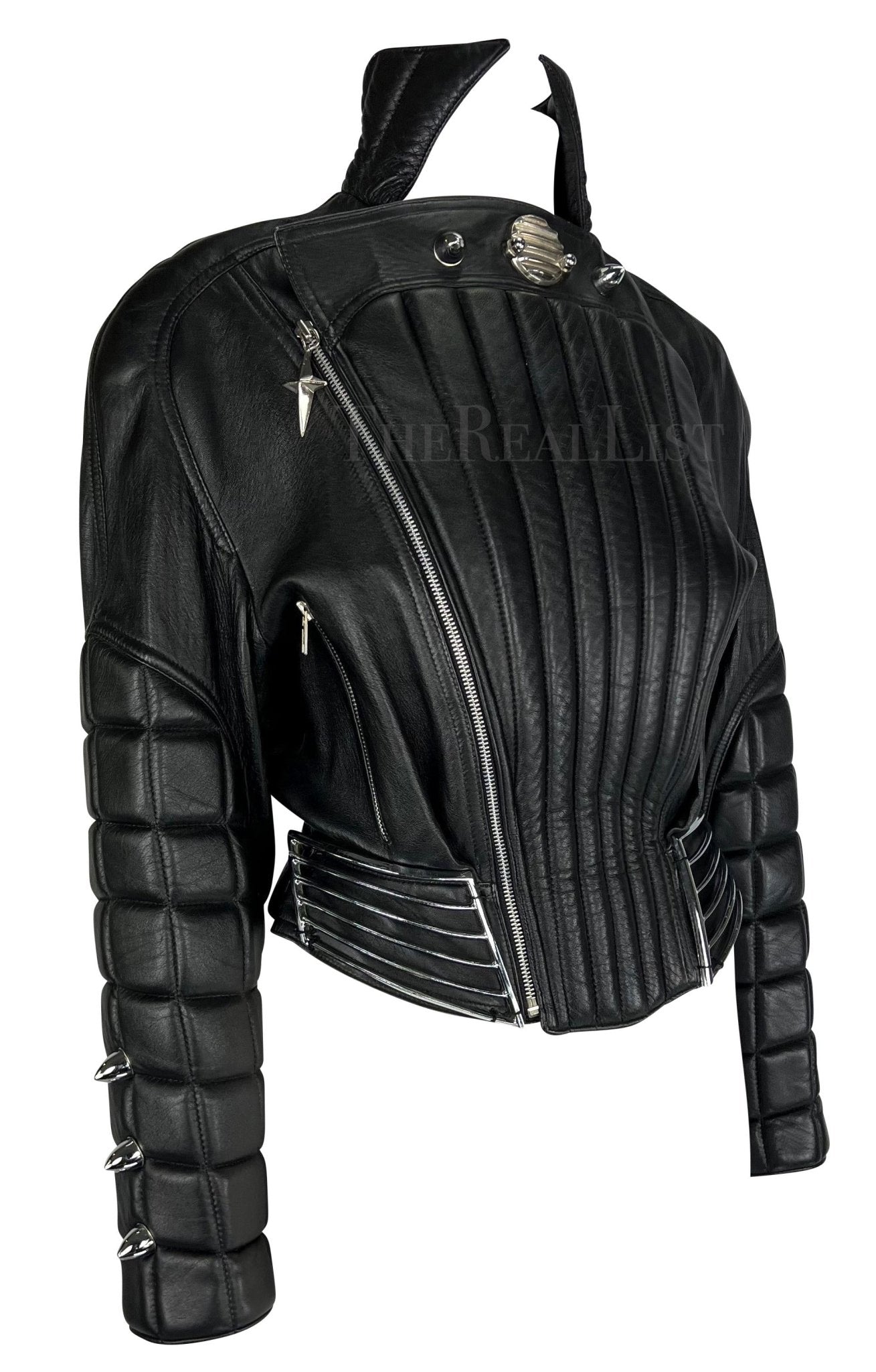 F/W 1989 Thierry Mugler Hiver Buick Sculptural Chrome Grille Leather Moto Jacket - RealList