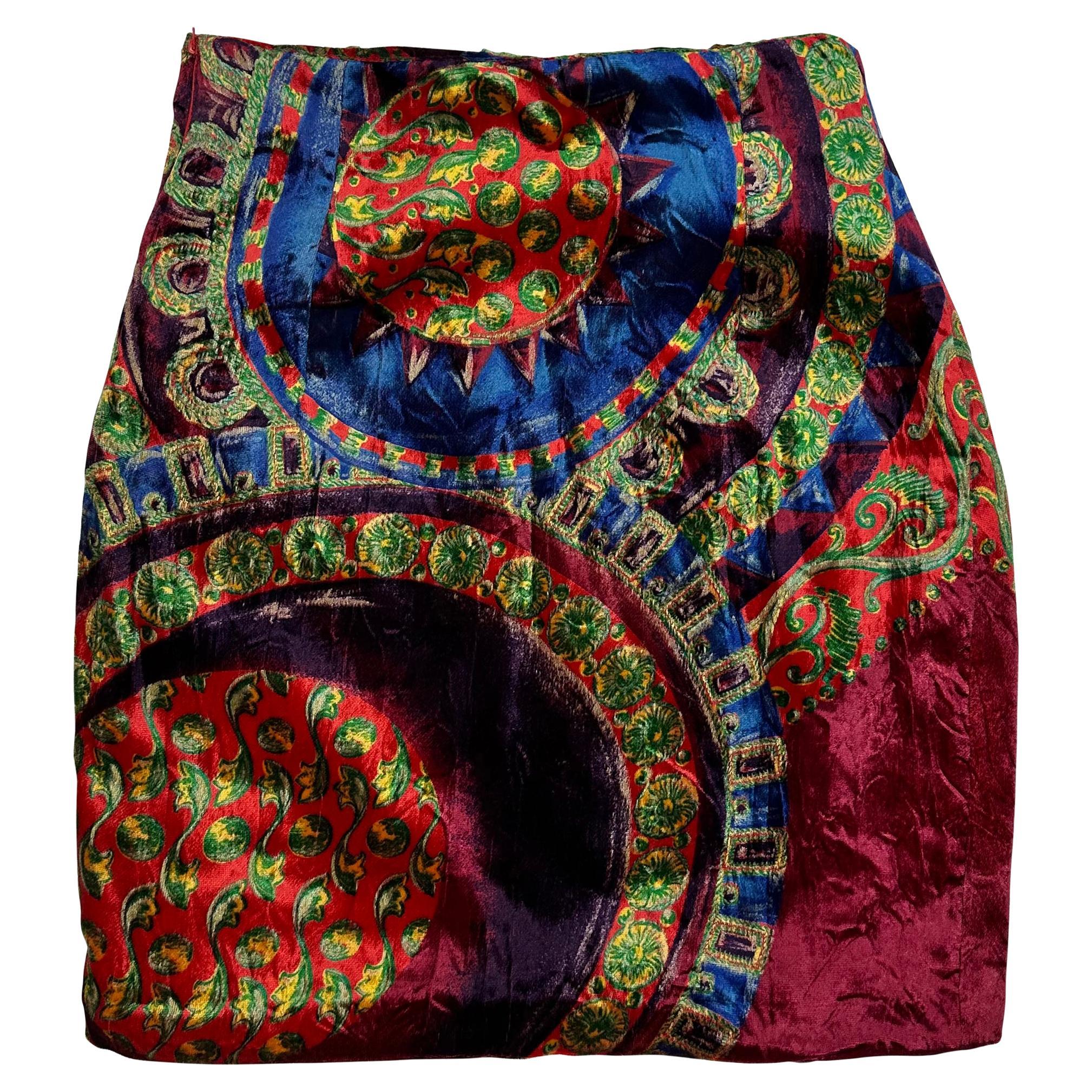 F/W 1990 Gianni Versace Multicolor Pattern Velvet Pencil Skirt - RealList