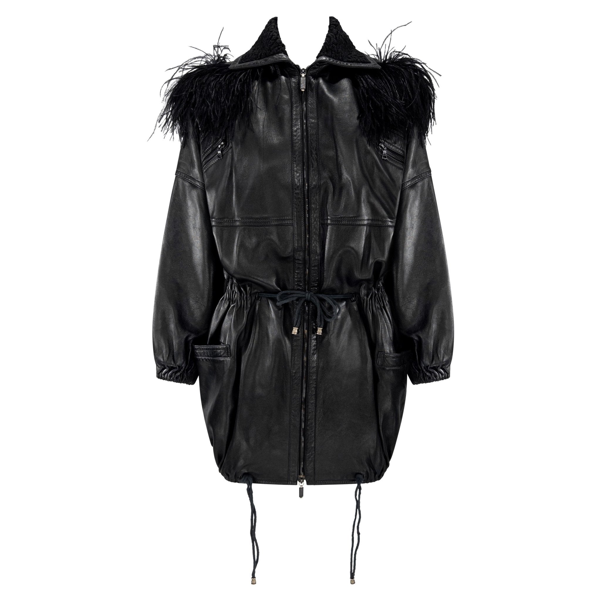 F/W 1990 Gianni Versace Runway Black Leather Feather Hooded Coat - RealList