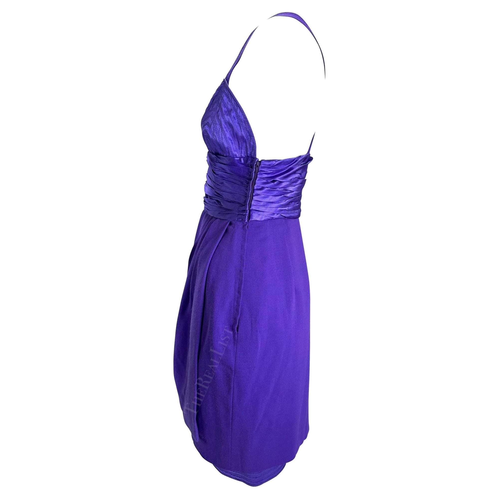 F/W 1990 Gianni Versace Runway Ruched Purple Satin Trim Wrap Mini Dress - RealList