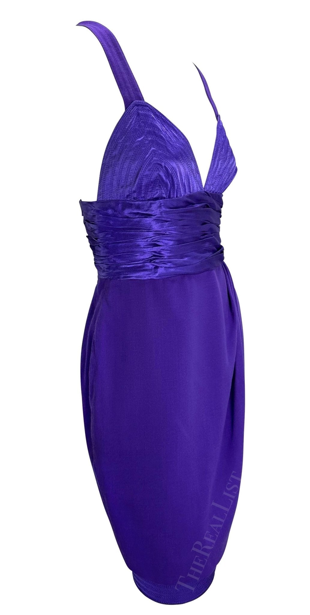 F/W 1990 Gianni Versace Runway Ruched Purple Satin Trim Wrap Mini Dress - RealList