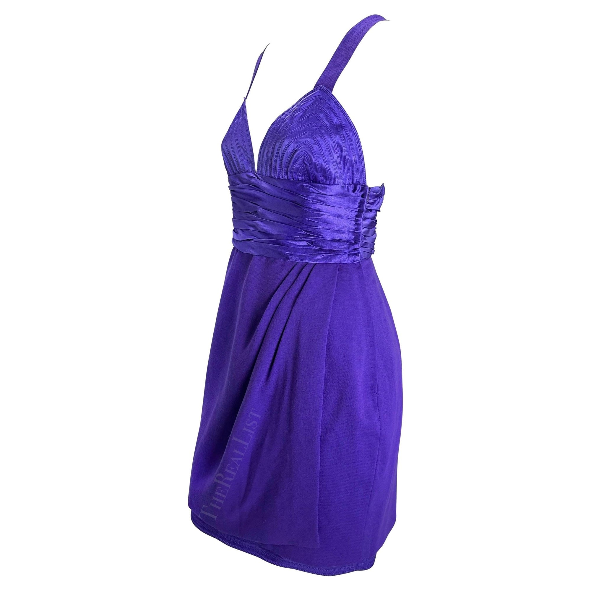 F/W 1990 Gianni Versace Runway Ruched Purple Satin Trim Wrap Mini Dress - RealList