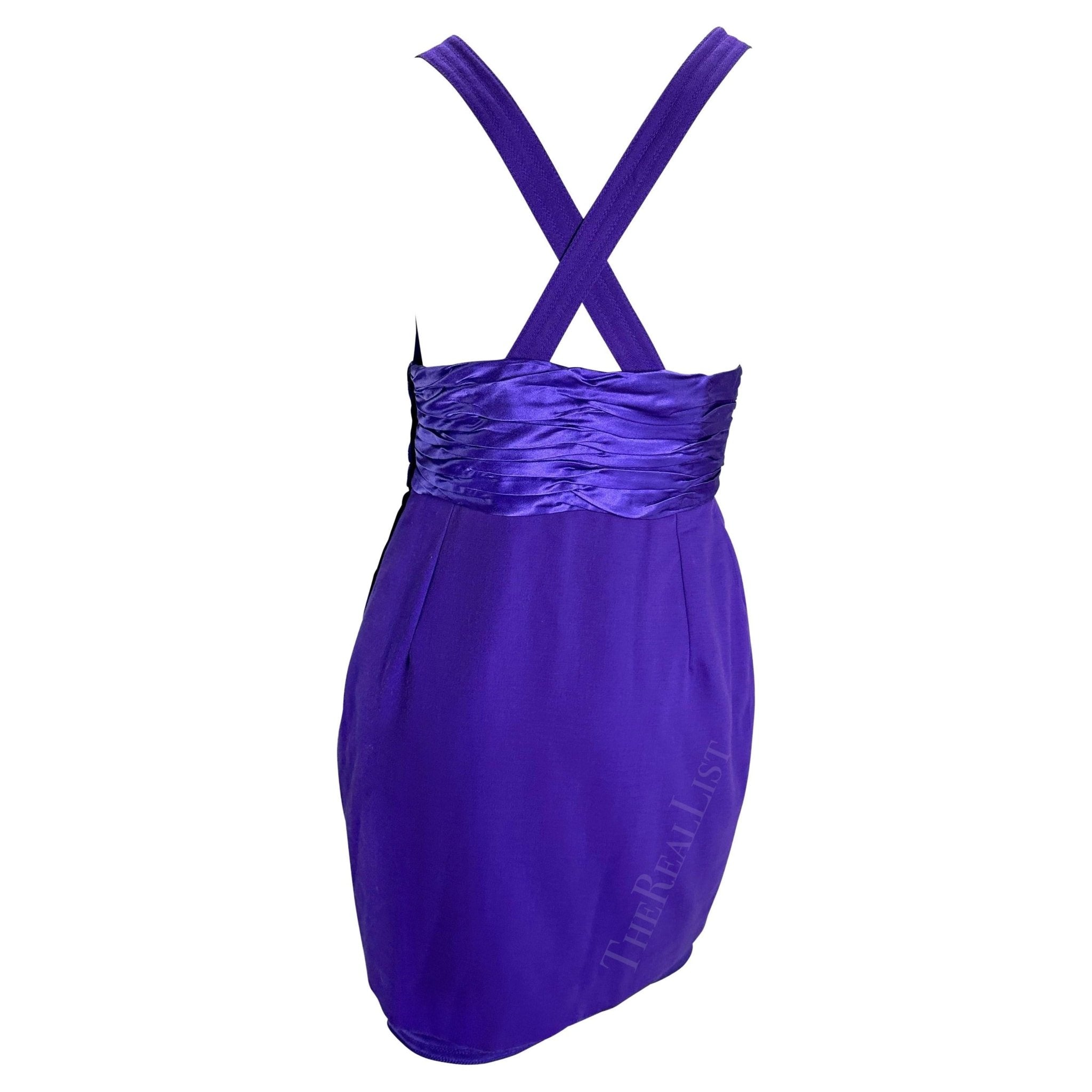 F/W 1990 Gianni Versace Runway Ruched Purple Satin Trim Wrap Mini Dress - RealList