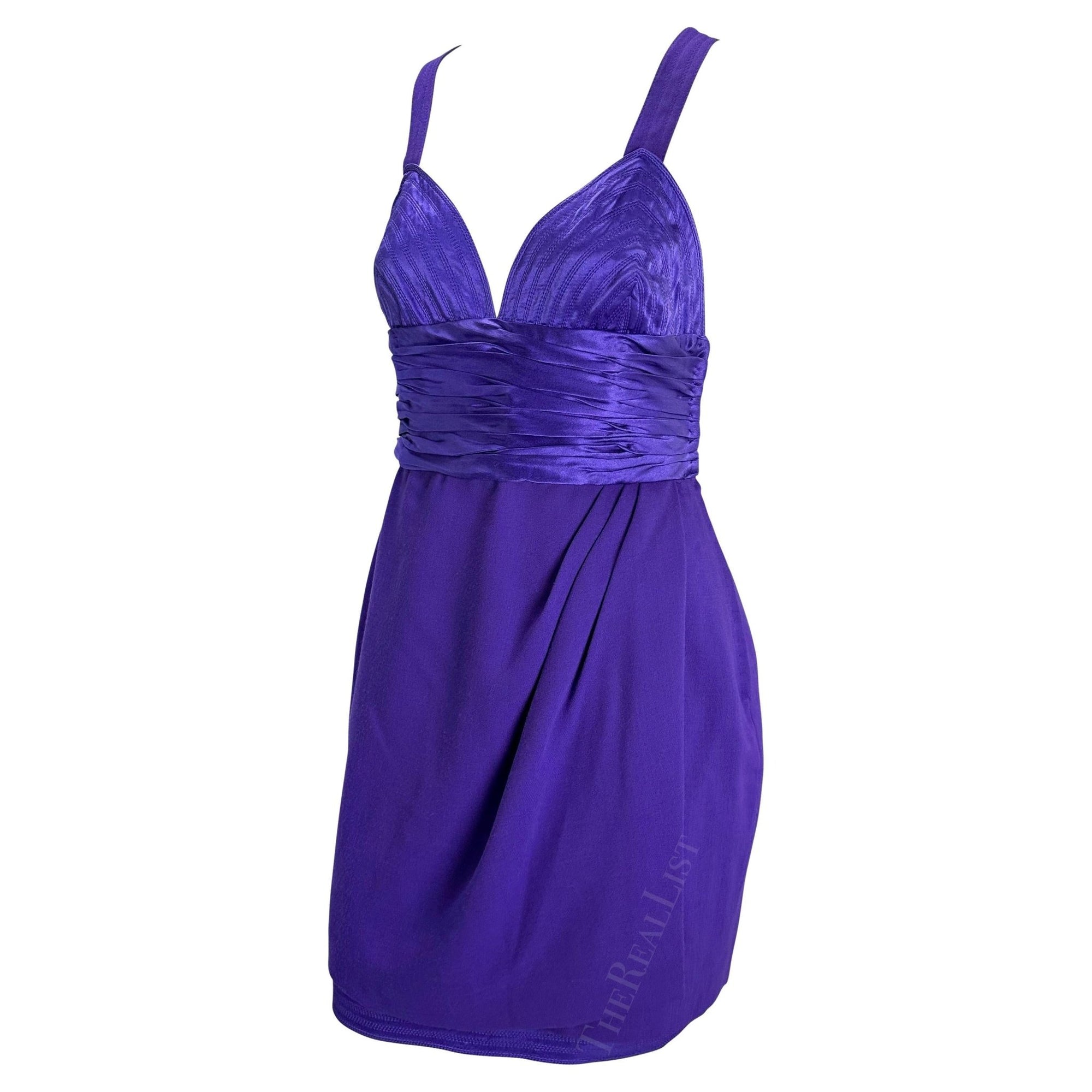 F/W 1990 Gianni Versace Runway Ruched Purple Satin Trim Wrap Mini Dress - RealList