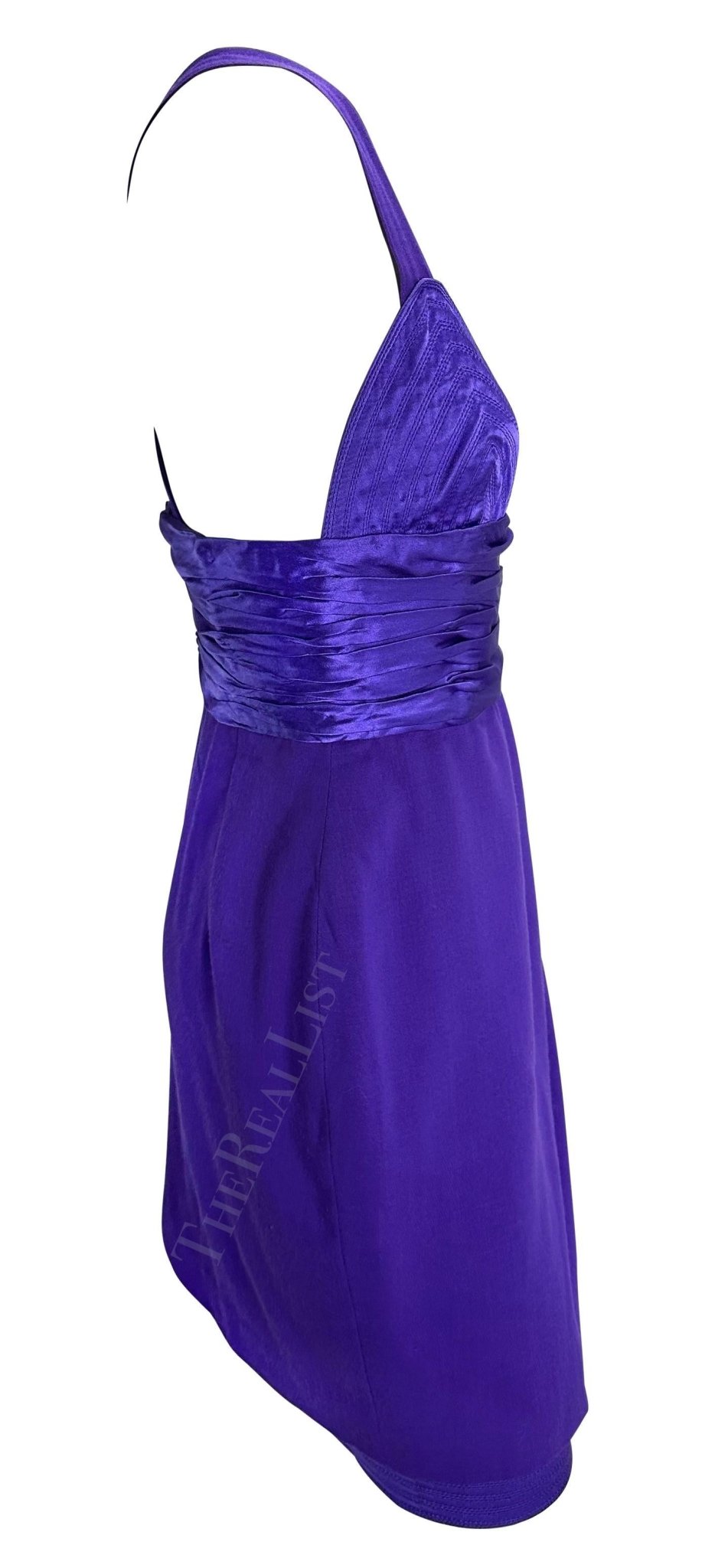 F/W 1990 Gianni Versace Runway Ruched Purple Satin Trim Wrap Mini Dress - RealList