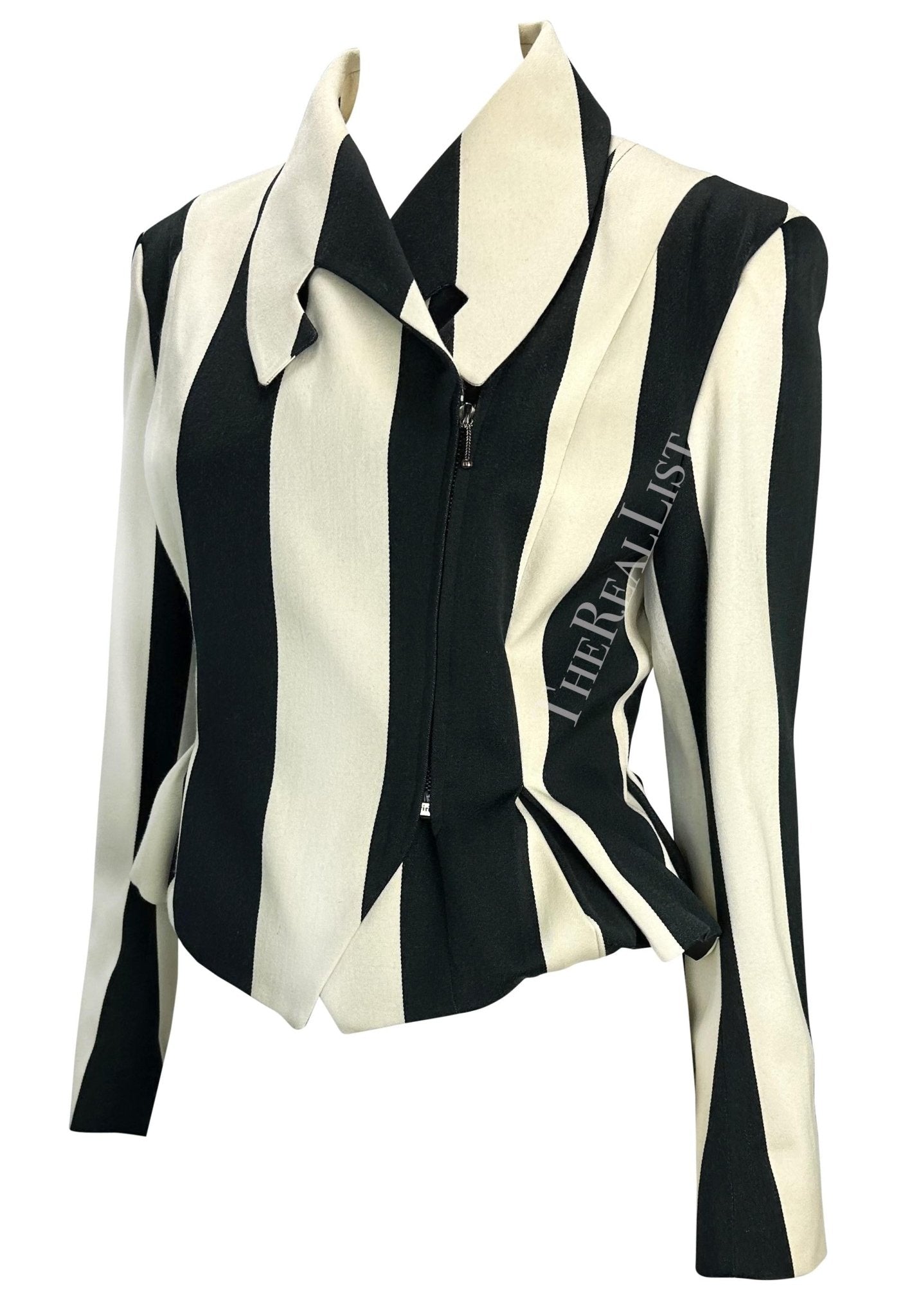 F/W 1990 John Galliano Runway Black White Striped Zip Bustle Jacket - RealList