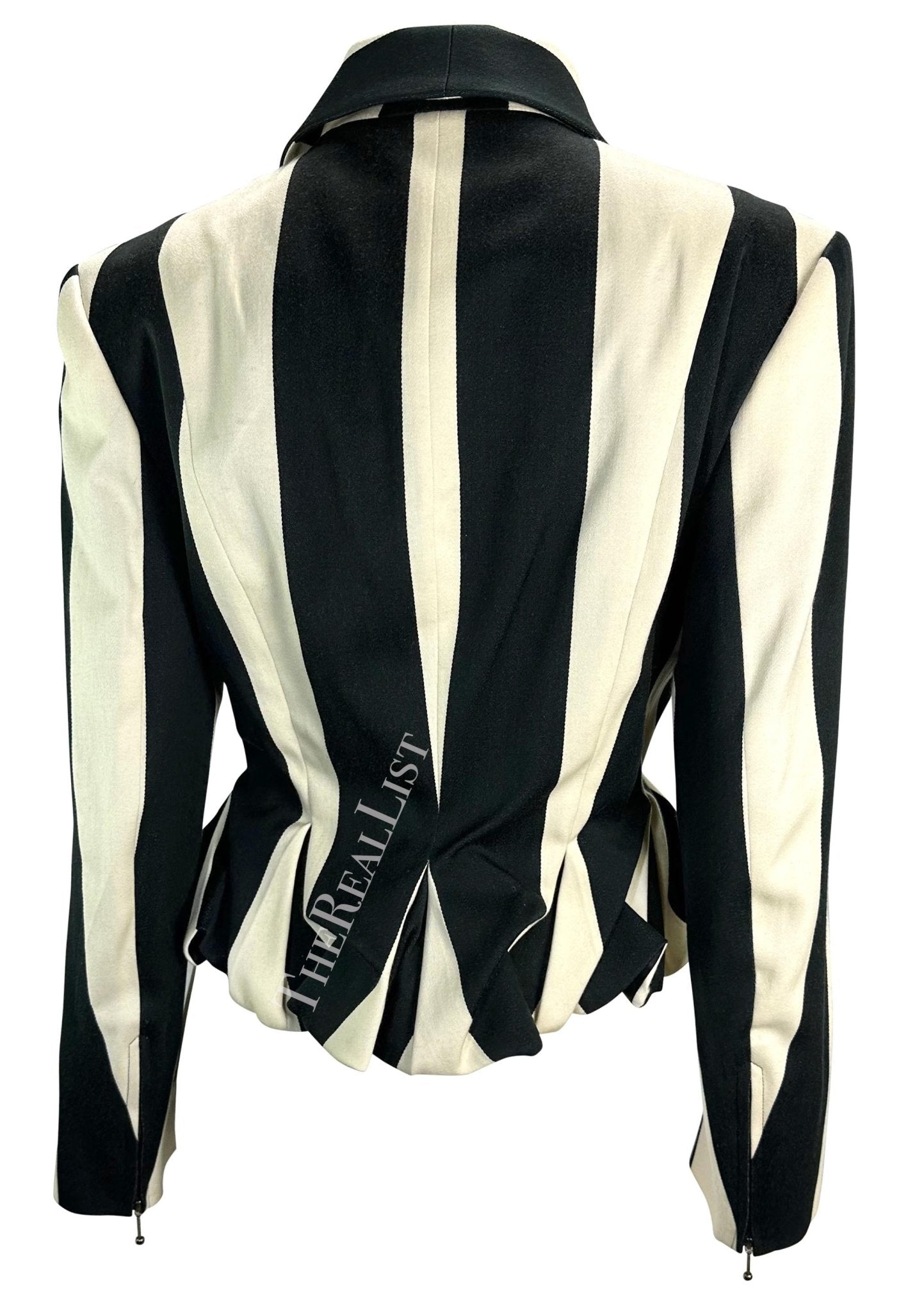 F/W 1990 John Galliano Runway Black White Striped Zip Bustle Jacket - RealList