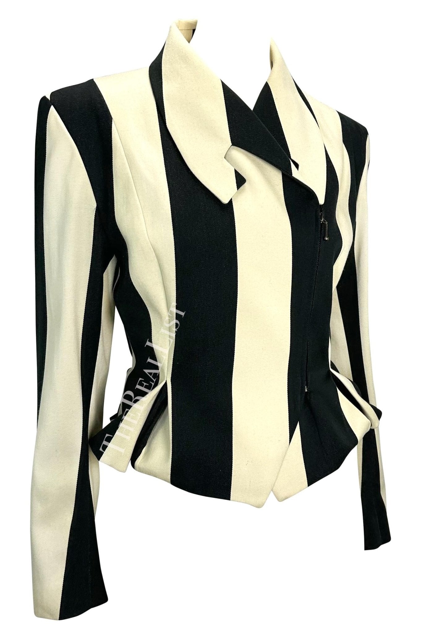 F/W 1990 John Galliano Runway Black White Striped Zip Bustle Jacket - RealList