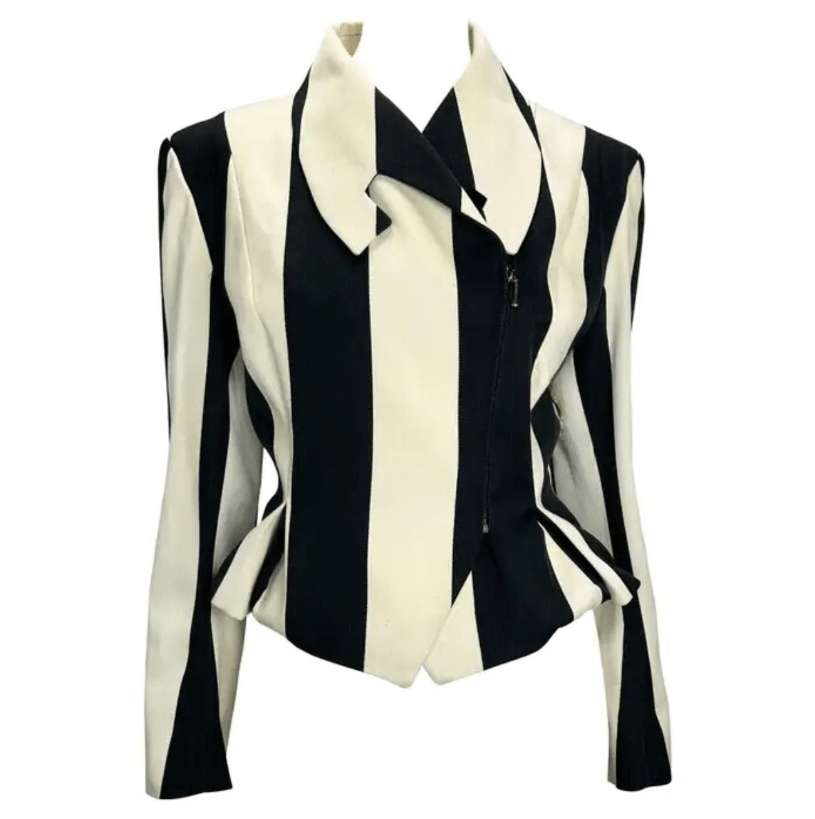 F/W 1990 John Galliano Runway Black White Striped Zip Bustle Jacket - RealList