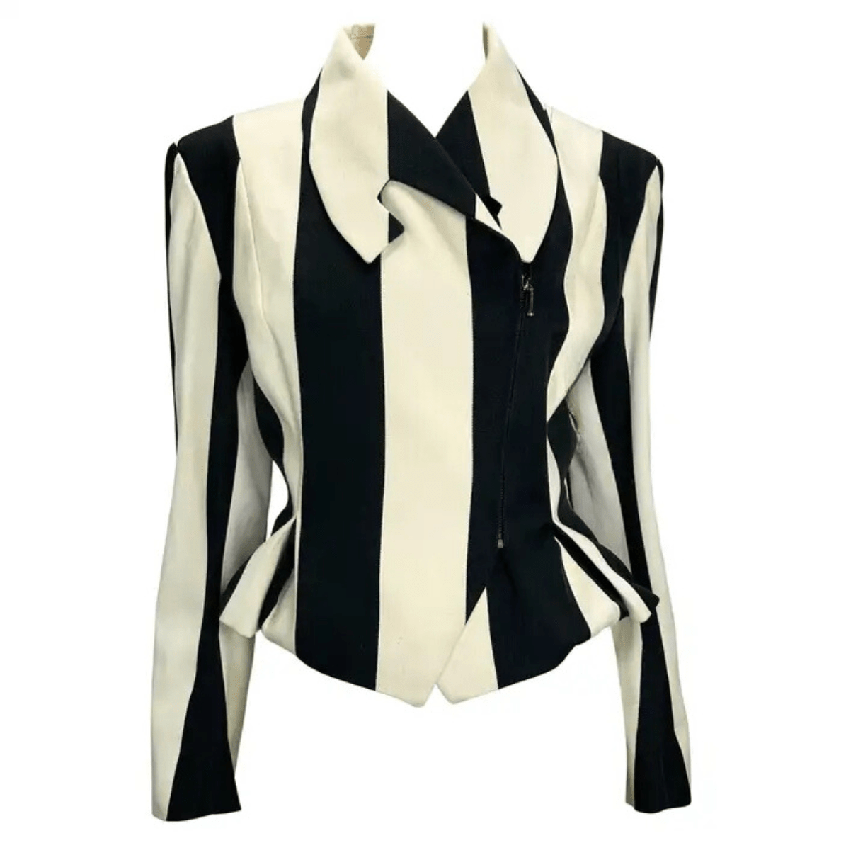 F/W 1990 John Galliano Runway Black White Striped Zip Bustle Jacket - RealList