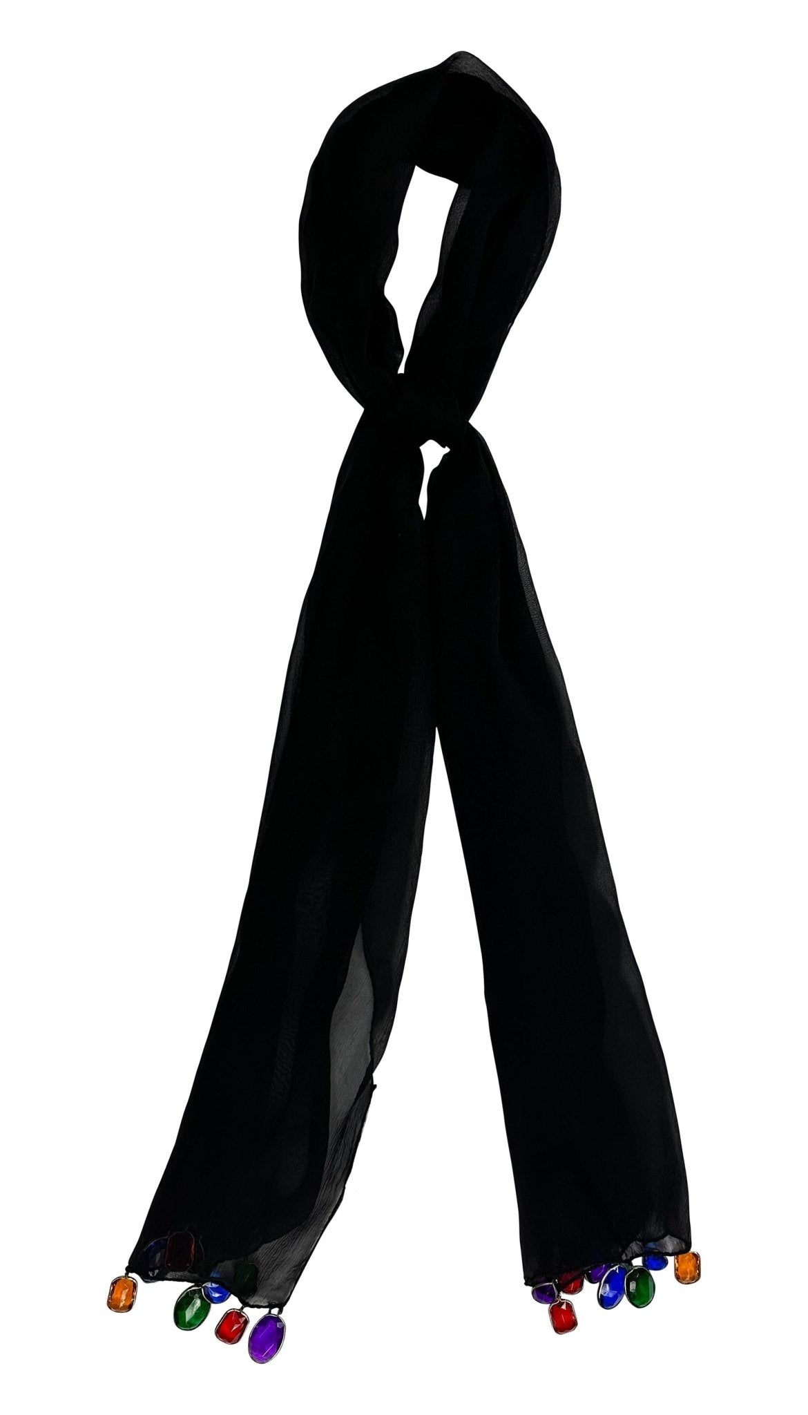 F/W 1991 Dolce & Gabbana Jeweled Rhinestone Sheer Black Silk Chiffon Scarf - RealList