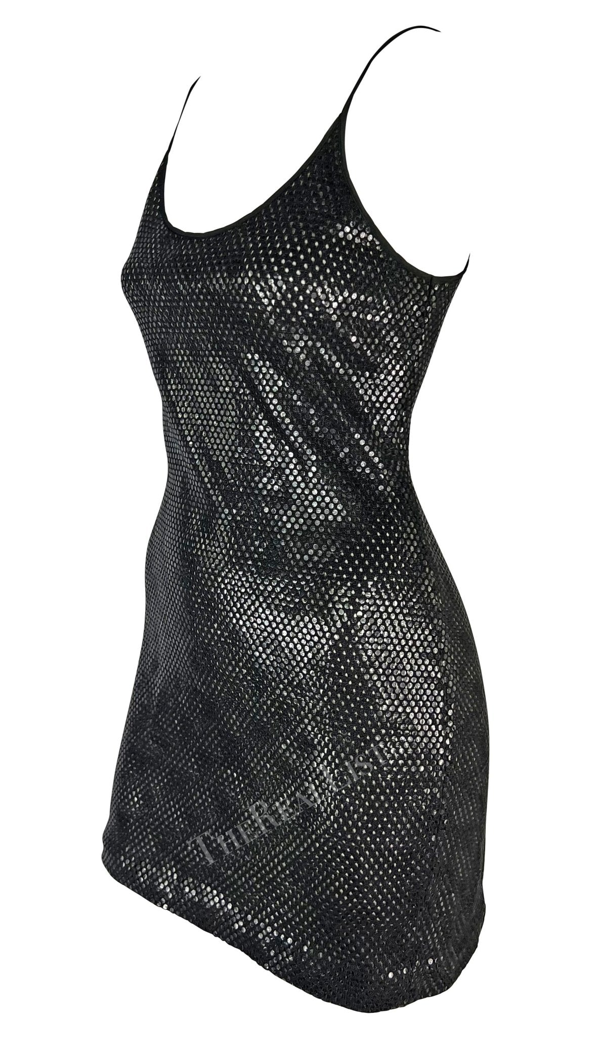 F/W 1991 Gianfranco Ferré Black Cutout Transparent Paillette Bodycon Mini Dress - RealList