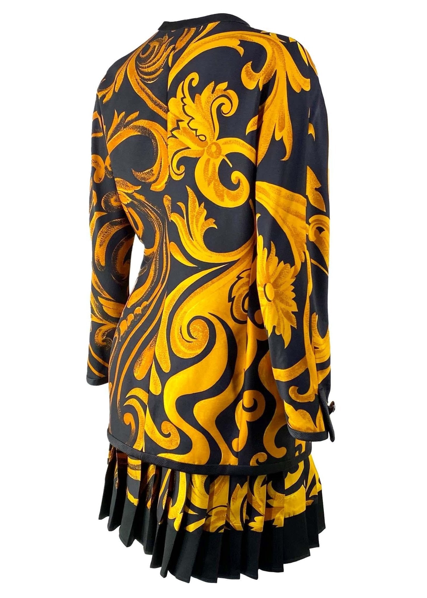 F/W 1991 Gianni Versace Couture Black Gold Baroque Print Silk Pleated Skirt Suit - RealList