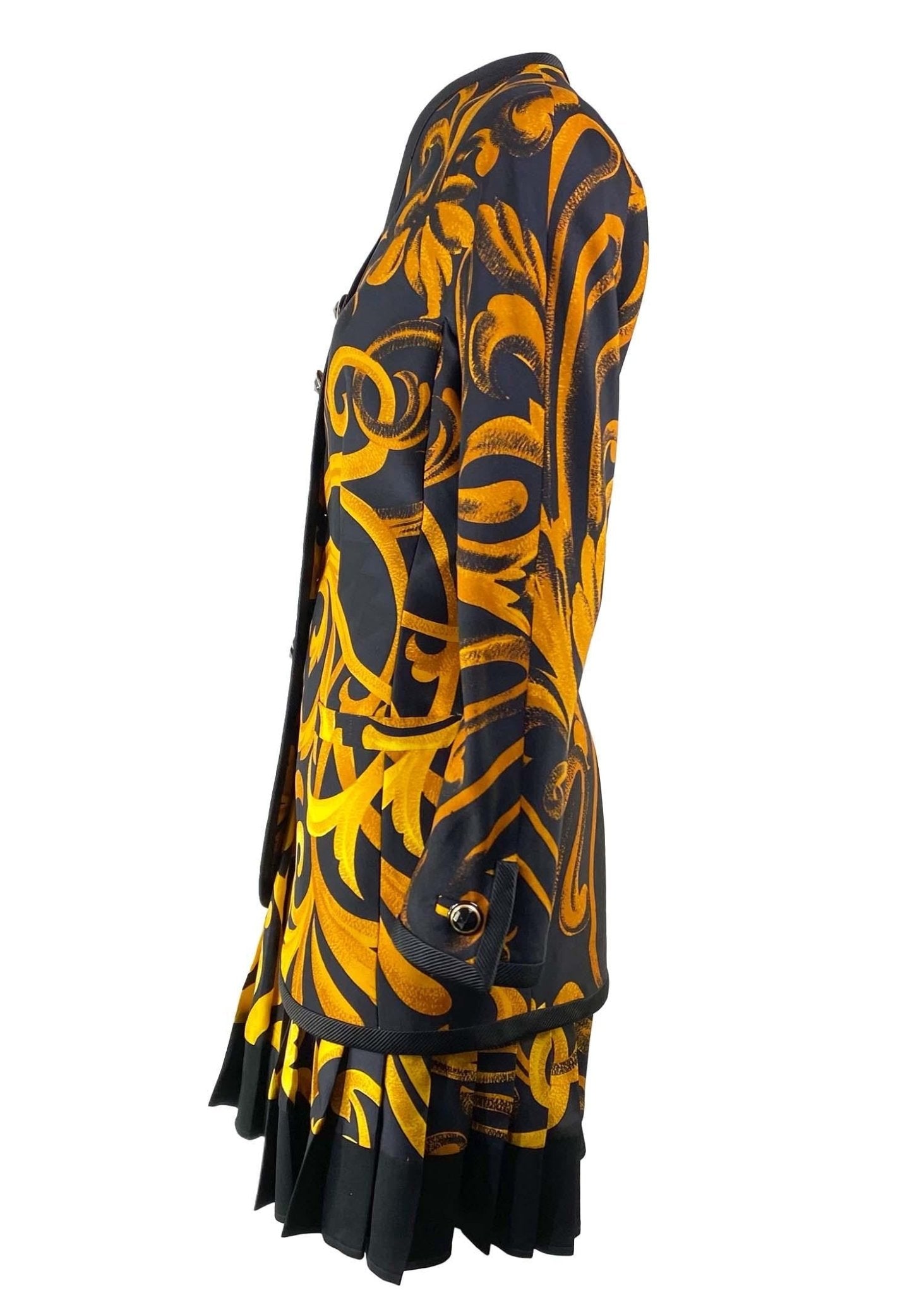 F/W 1991 Gianni Versace Couture Black Gold Baroque Print Silk Pleated Skirt Suit - RealList