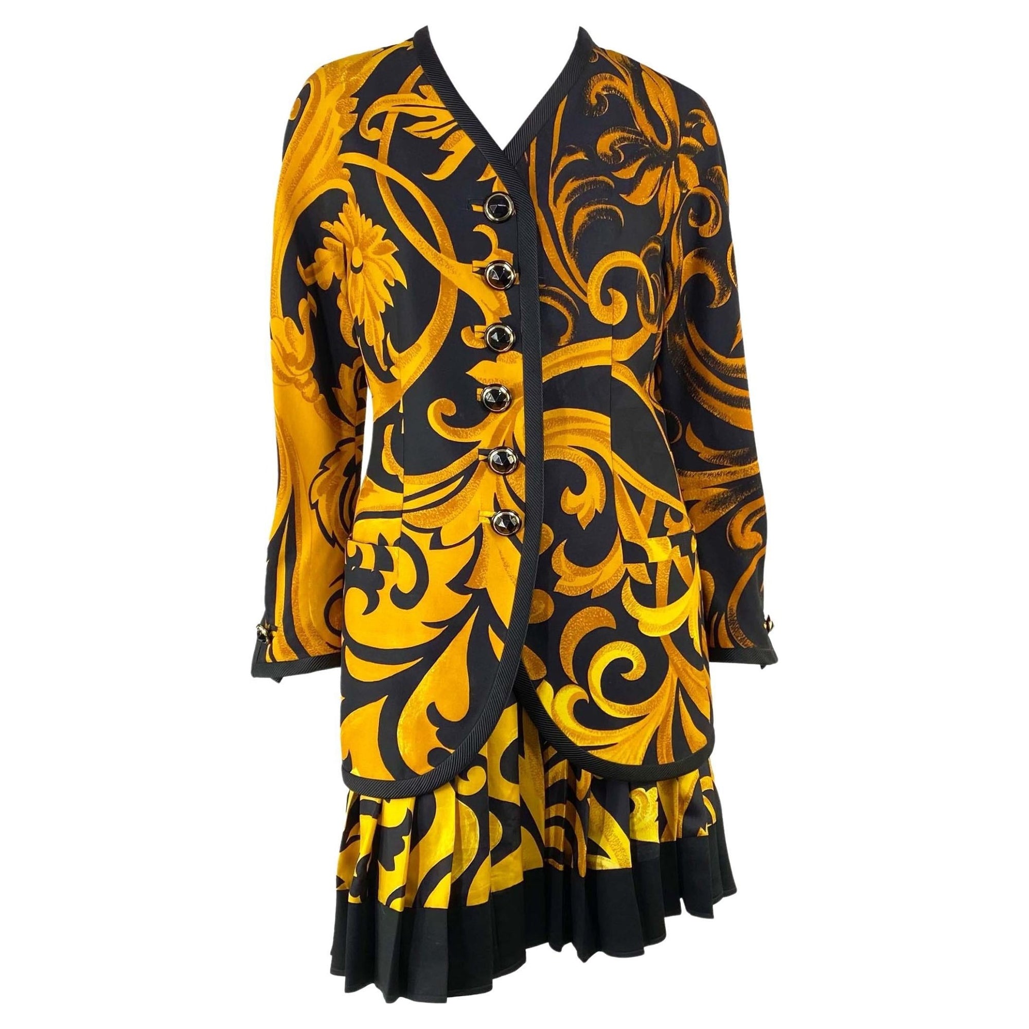 F/W 1991 Gianni Versace Couture Black Gold Baroque Print Silk Pleated Skirt Suit - RealList