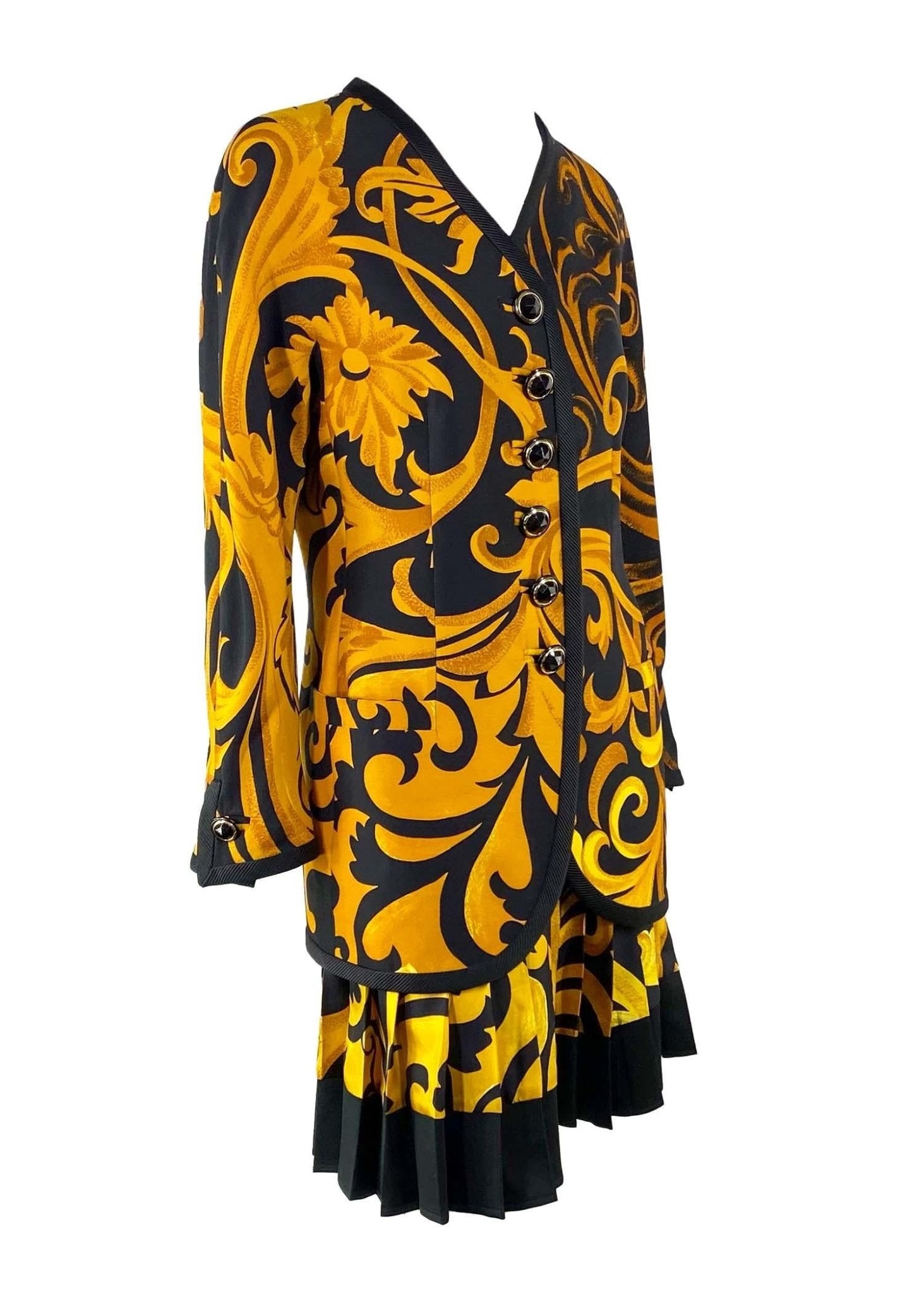 F/W 1991 Gianni Versace Couture Black Gold Baroque Print Silk Pleated Skirt Suit - RealList