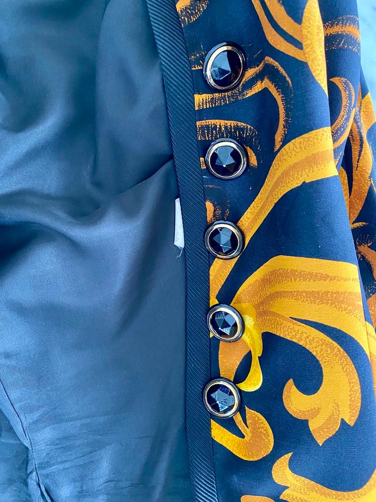 F/W 1991 Gianni Versace Couture Black Gold Baroque Print Silk Pleated Skirt Suit - RealList