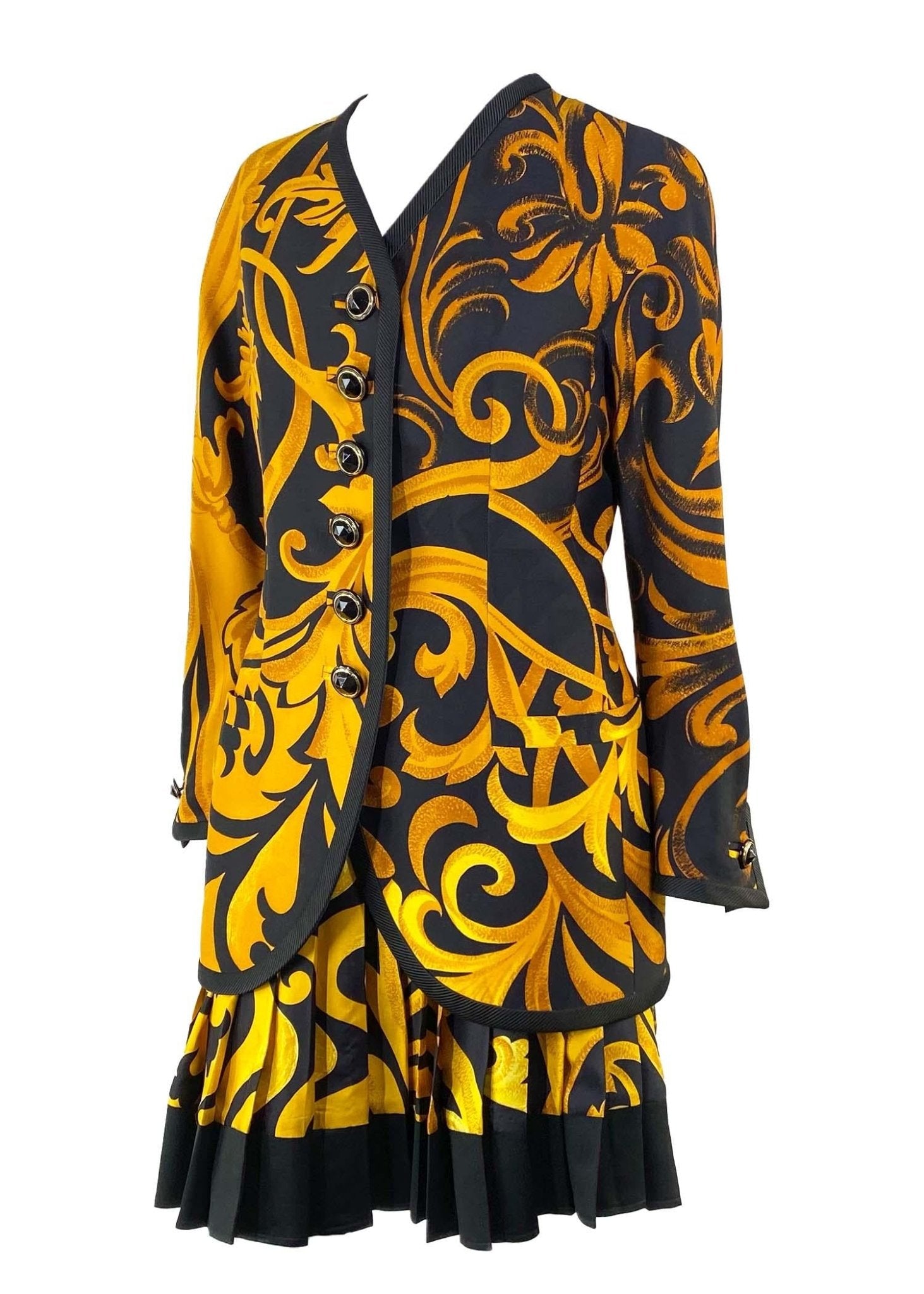 F/W 1991 Gianni Versace Couture Black Gold Baroque Print Silk Pleated Skirt Suit - RealList