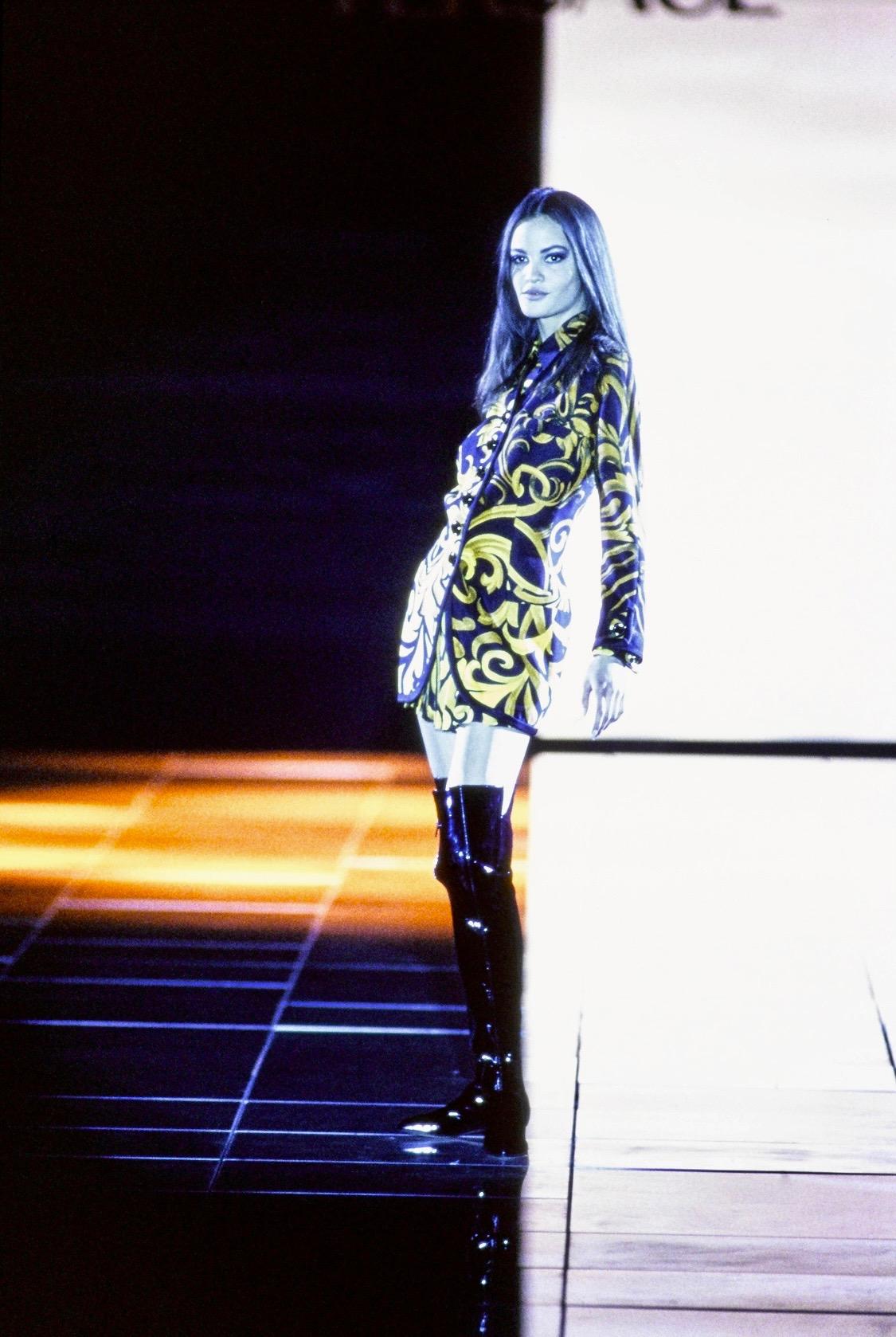 F/W 1991 Gianni Versace Couture Black Gold Baroque Print Silk Pleated Skirt Suit - RealList