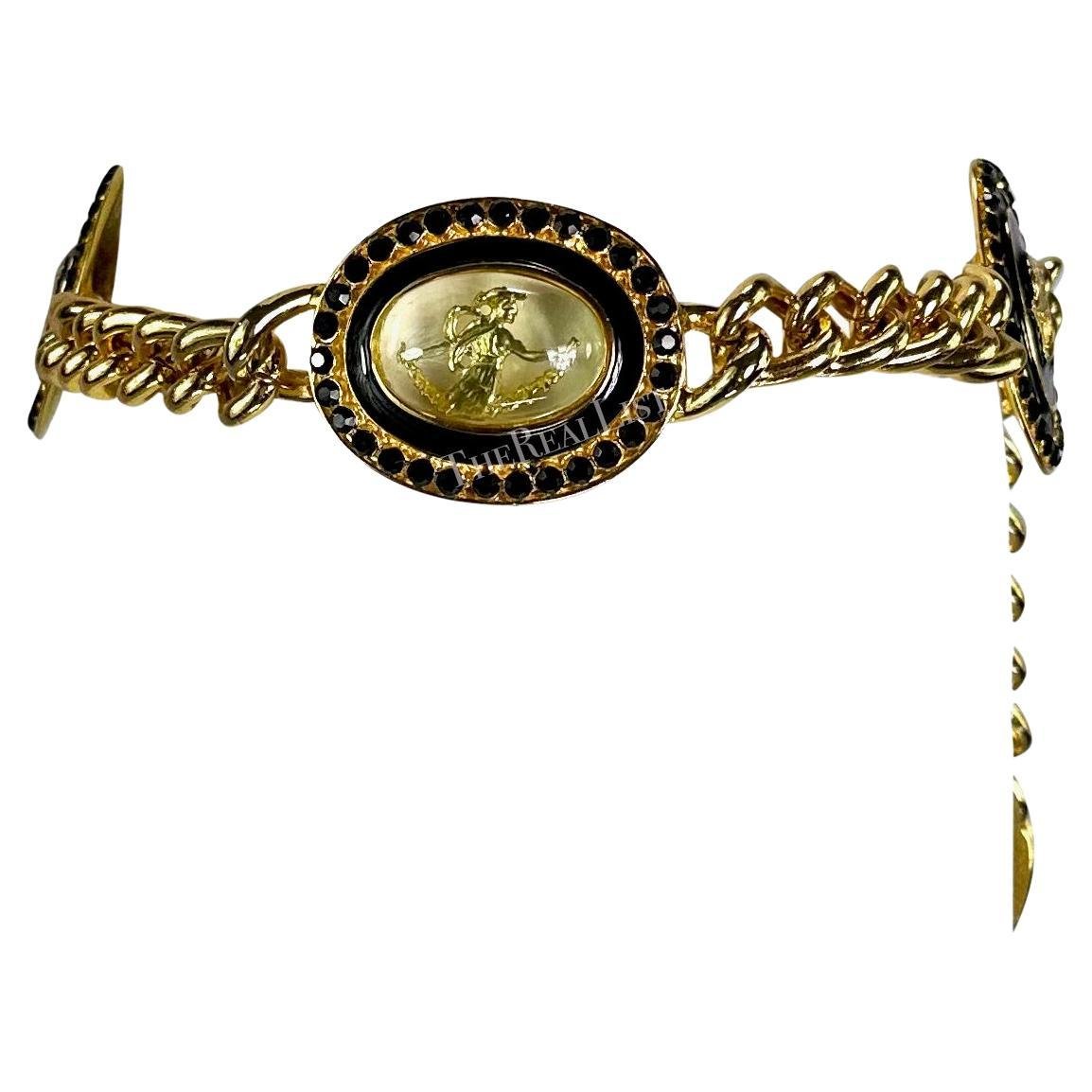 F/W 1991 Gianni Versace Gold Tone Metal Black Rhinestone Roman Motif Chain Belt - RealList