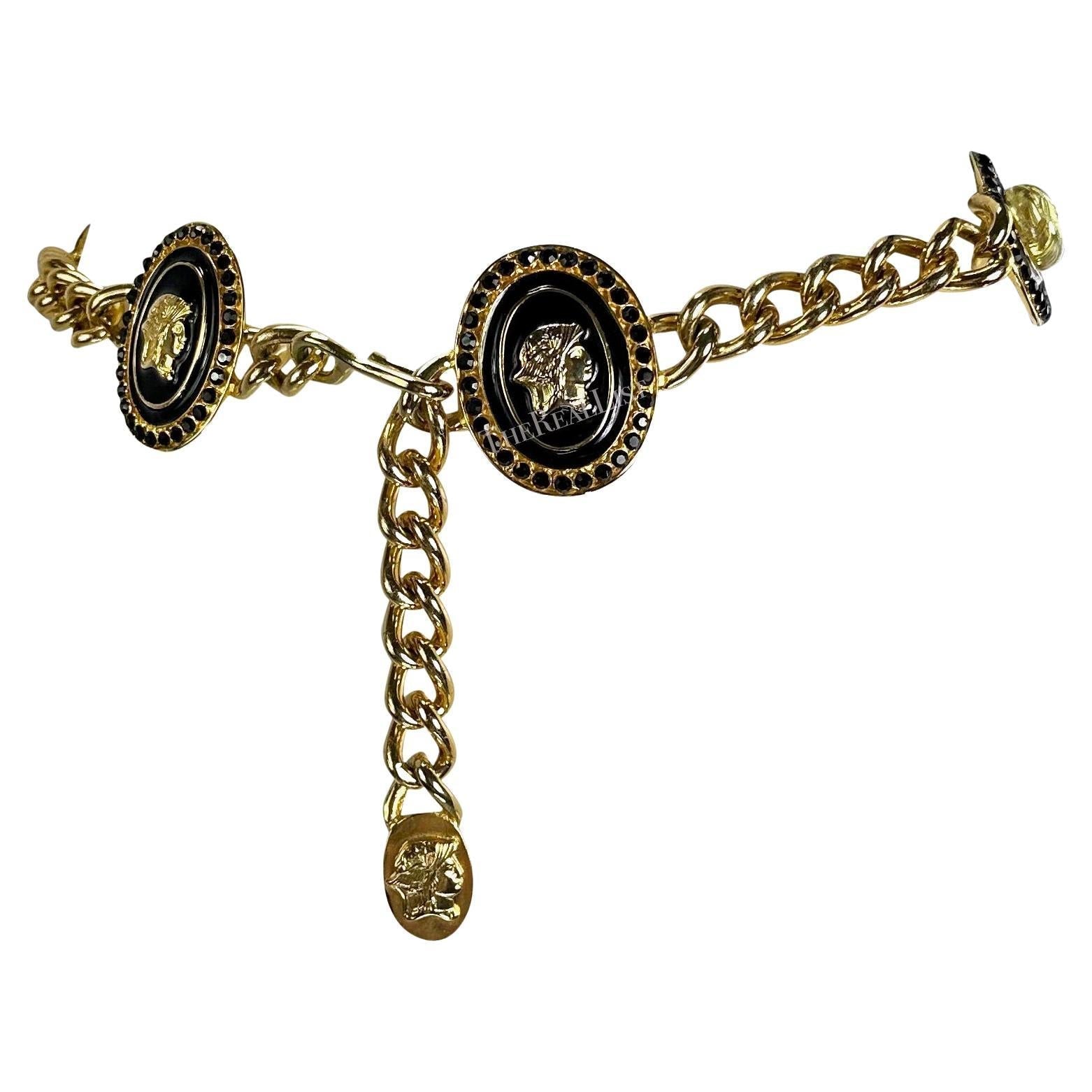F/W 1991 Gianni Versace Gold Tone Metal Black Rhinestone Roman Motif Chain Belt - RealList