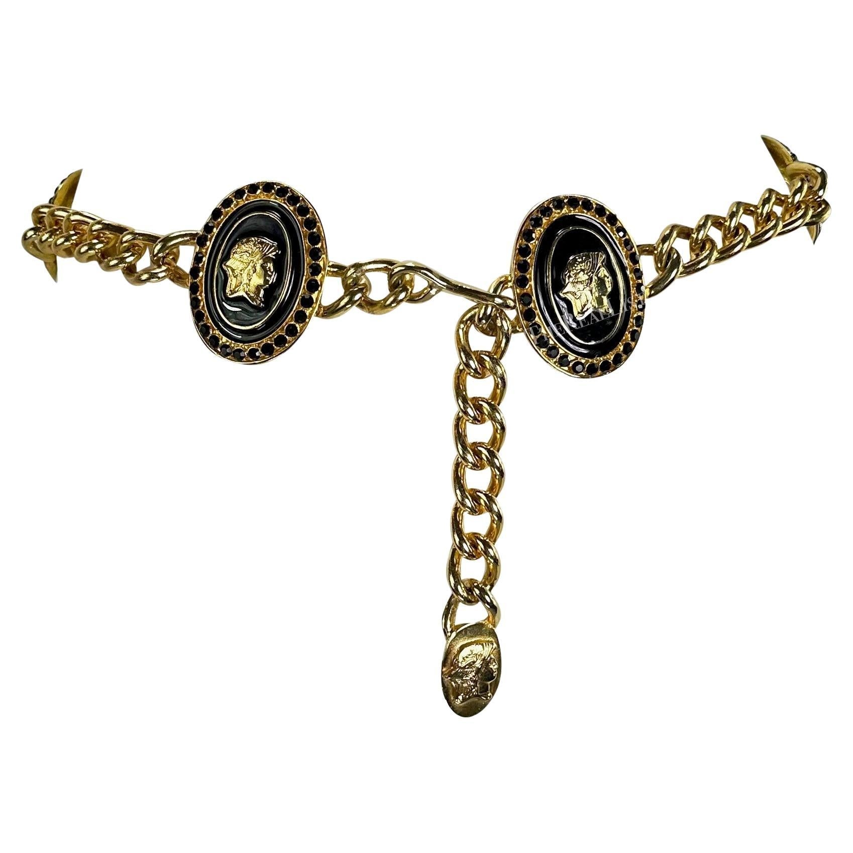 F/W 1991 Gianni Versace Gold Tone Metal Black Rhinestone Roman Motif Chain Belt - RealList