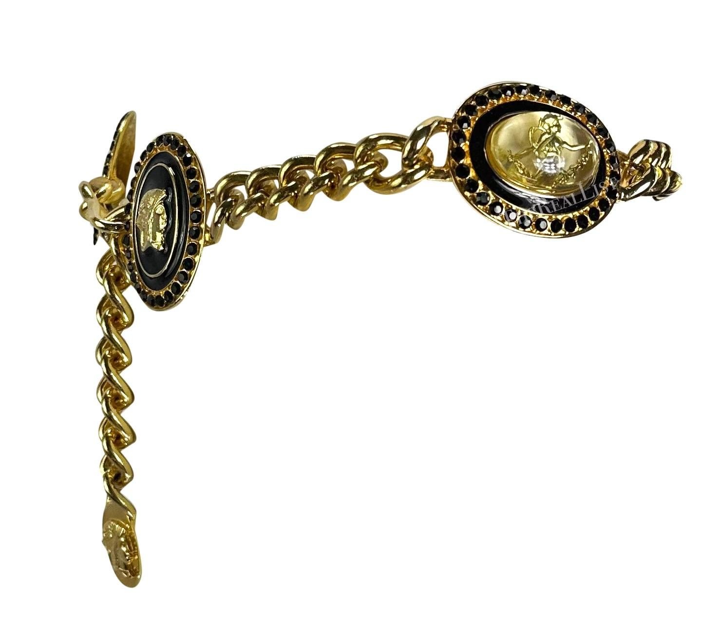 F/W 1991 Gianni Versace Gold Tone Metal Black Rhinestone Roman Motif Chain Belt - RealList