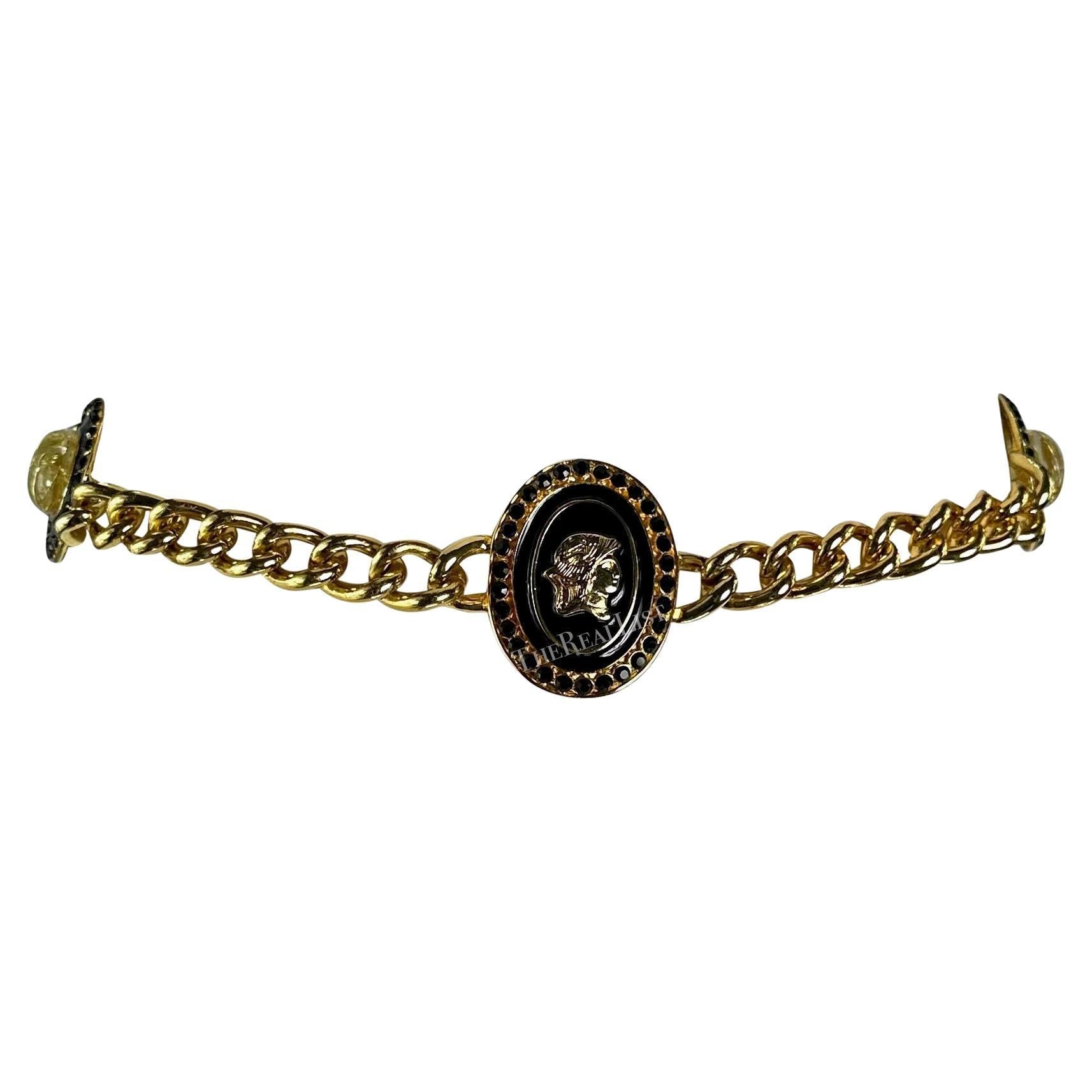 F/W 1991 Gianni Versace Gold Tone Metal Black Rhinestone Roman Motif Chain Belt - RealList