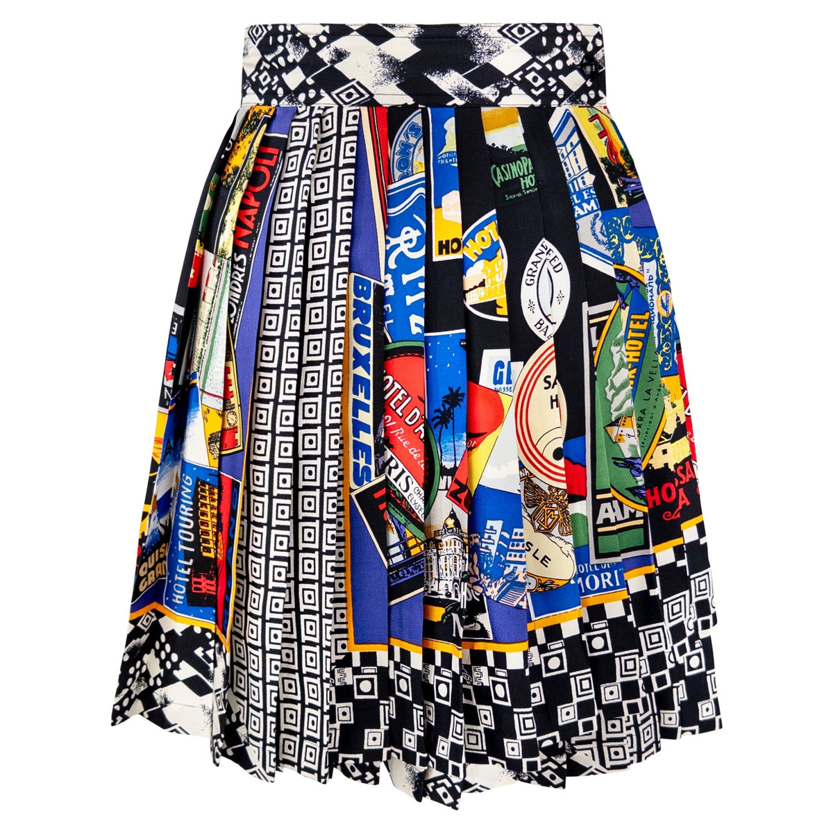 F/W 1991 Gianni Versace Multi Color International Motif Pleated Mini Skirt - RealList