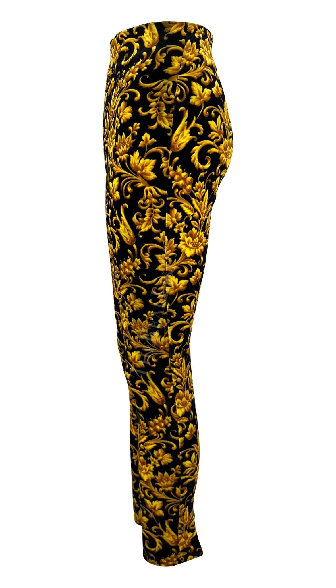 F/W 1991 Gianni Versace Runway Black Gold Velvet Baroque Print Tights - RealList