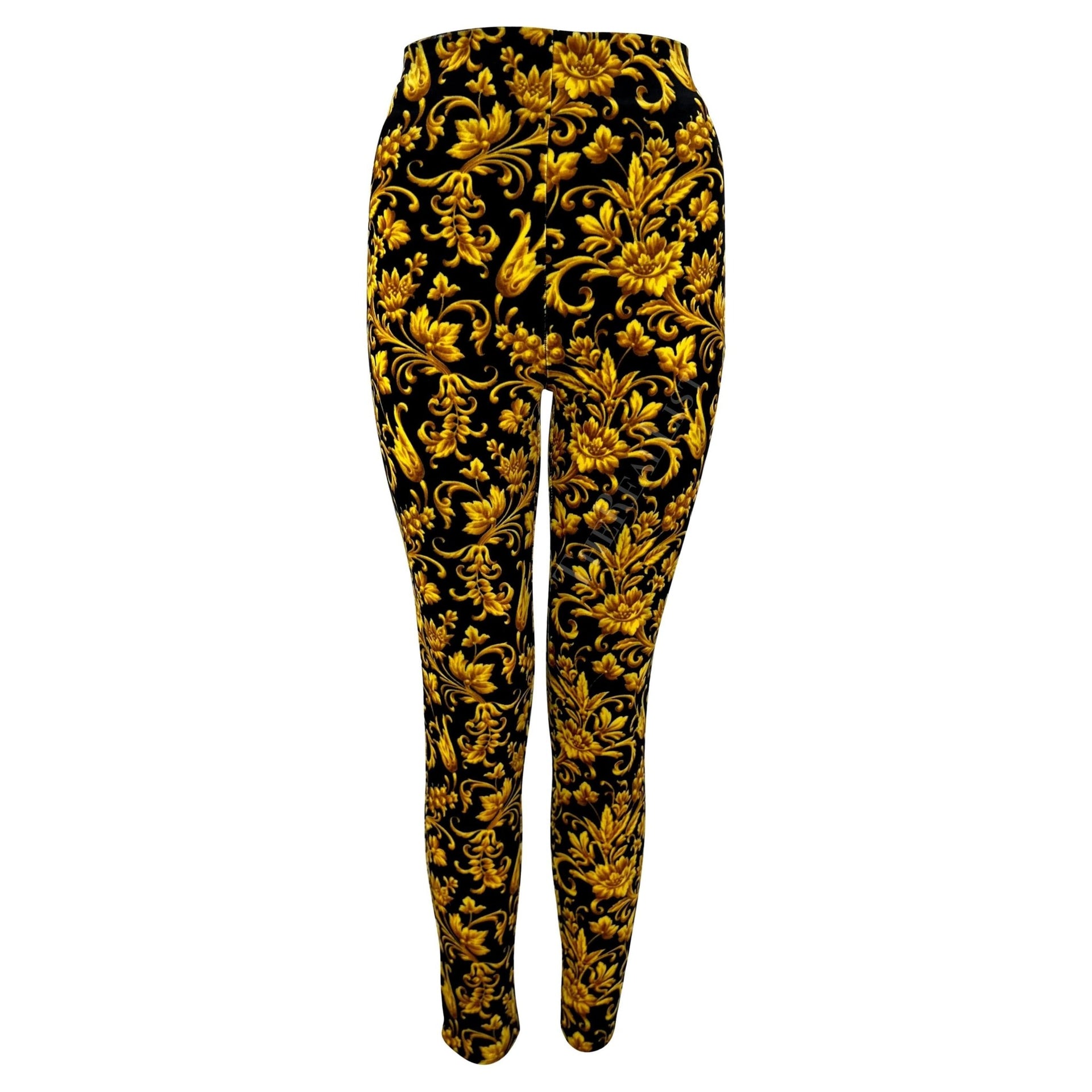 F/W 1991 Gianni Versace Runway Black Gold Velvet Baroque Print Tights - RealList