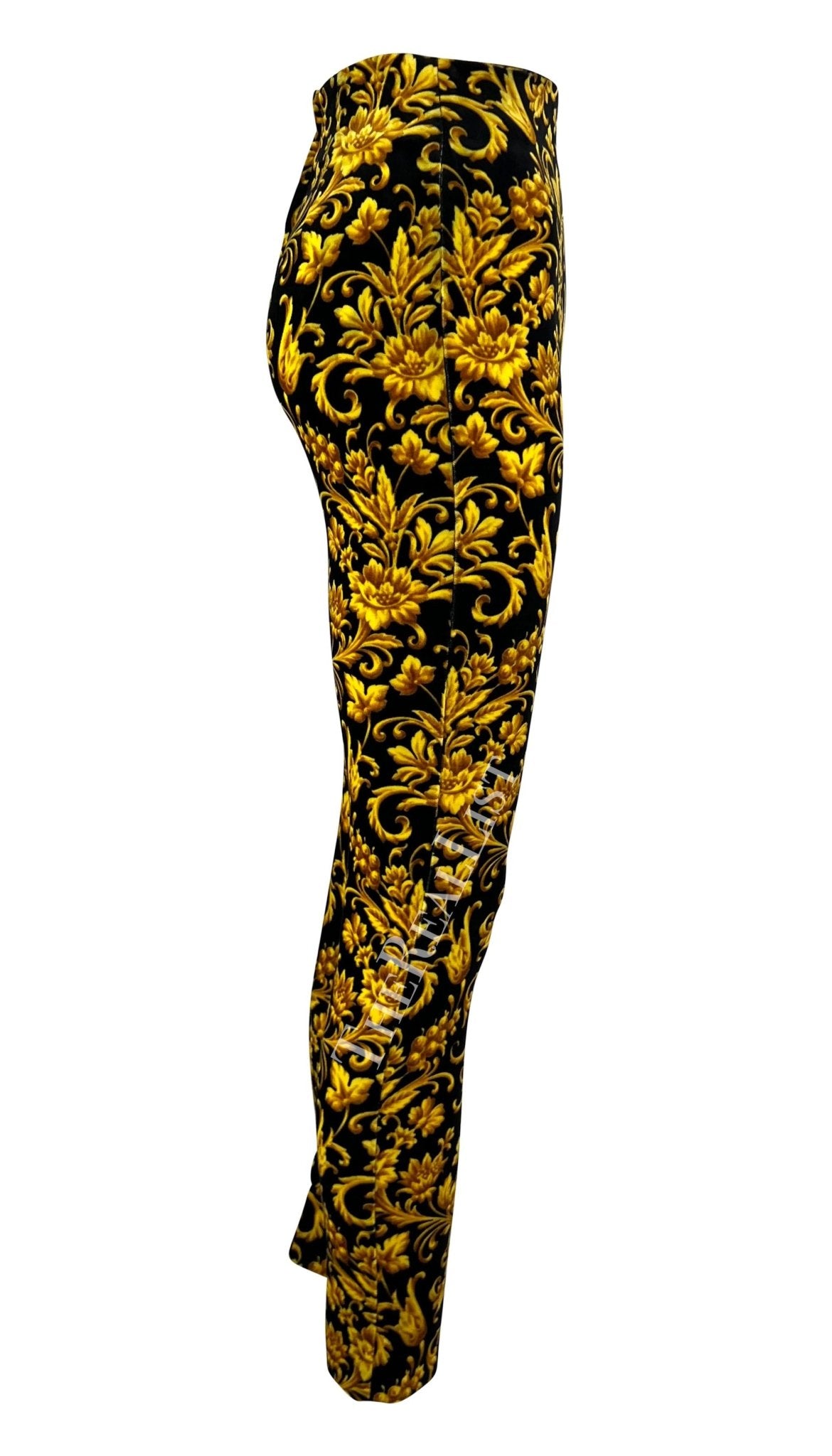 F/W 1991 Gianni Versace Runway Black Gold Velvet Baroque Print Tights - RealList