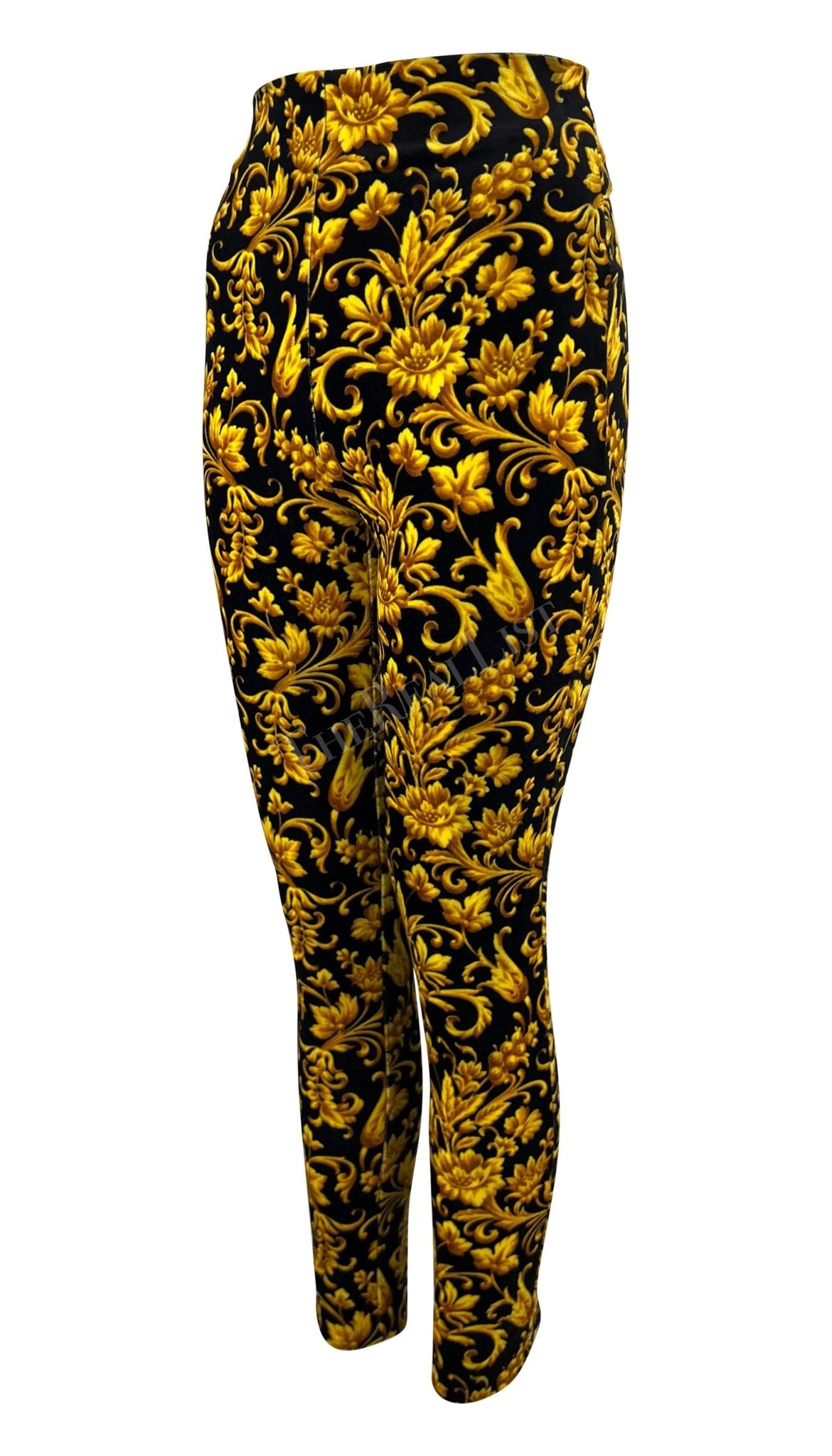 F/W 1991 Gianni Versace Runway Black Gold Velvet Baroque Print Tights - RealList
