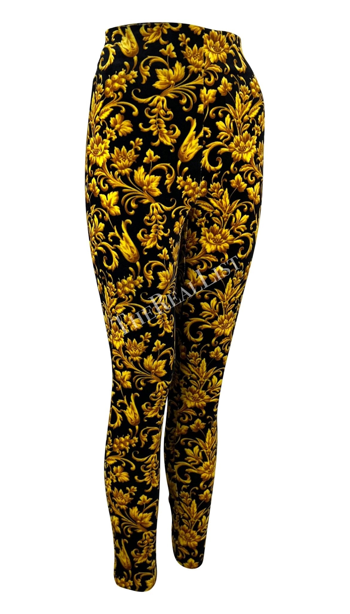F/W 1991 Gianni Versace Runway Black Gold Velvet Baroque Print Tights - RealList