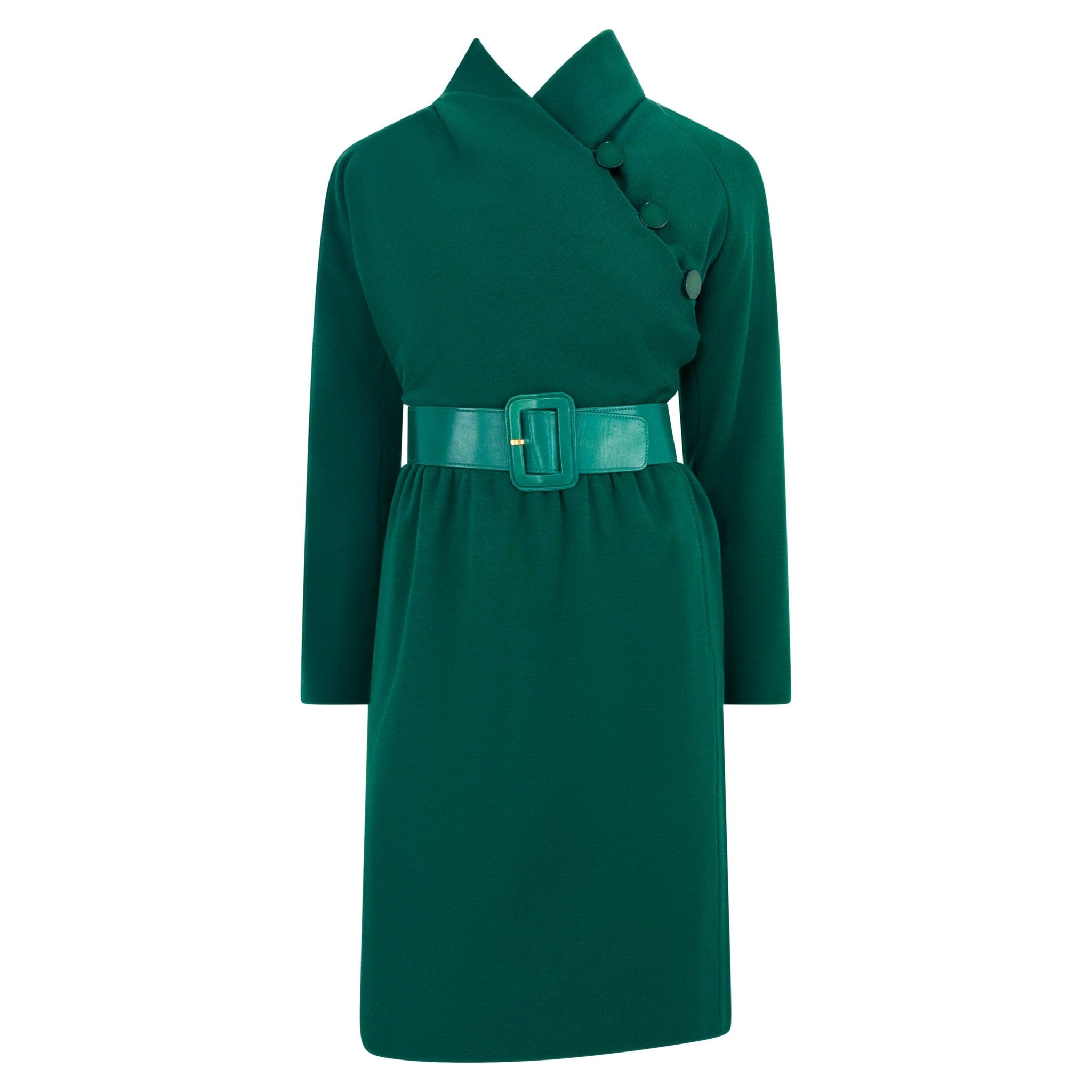 F/W 1991 Givenchy Haute Couture Runway Green Wool Belted Wrap Dress - RealList