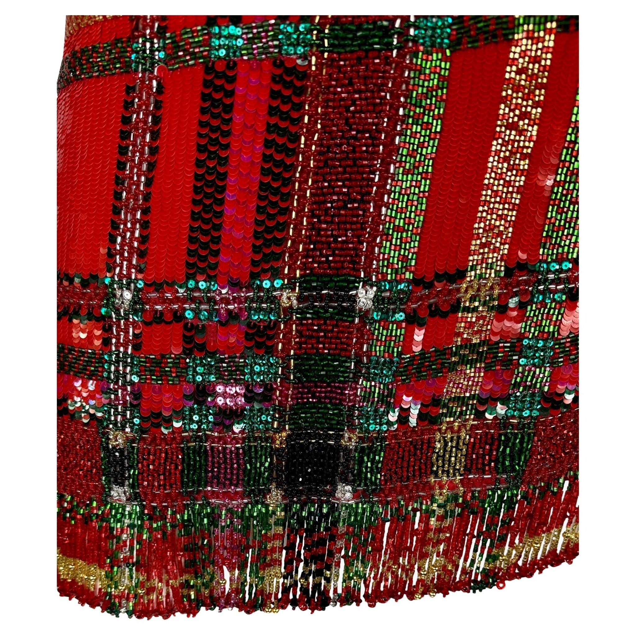 F/W 1991 Oscar de La Renta Runway Red Tartan Sequin Beaded Fringe Pencil Skirt - RealList