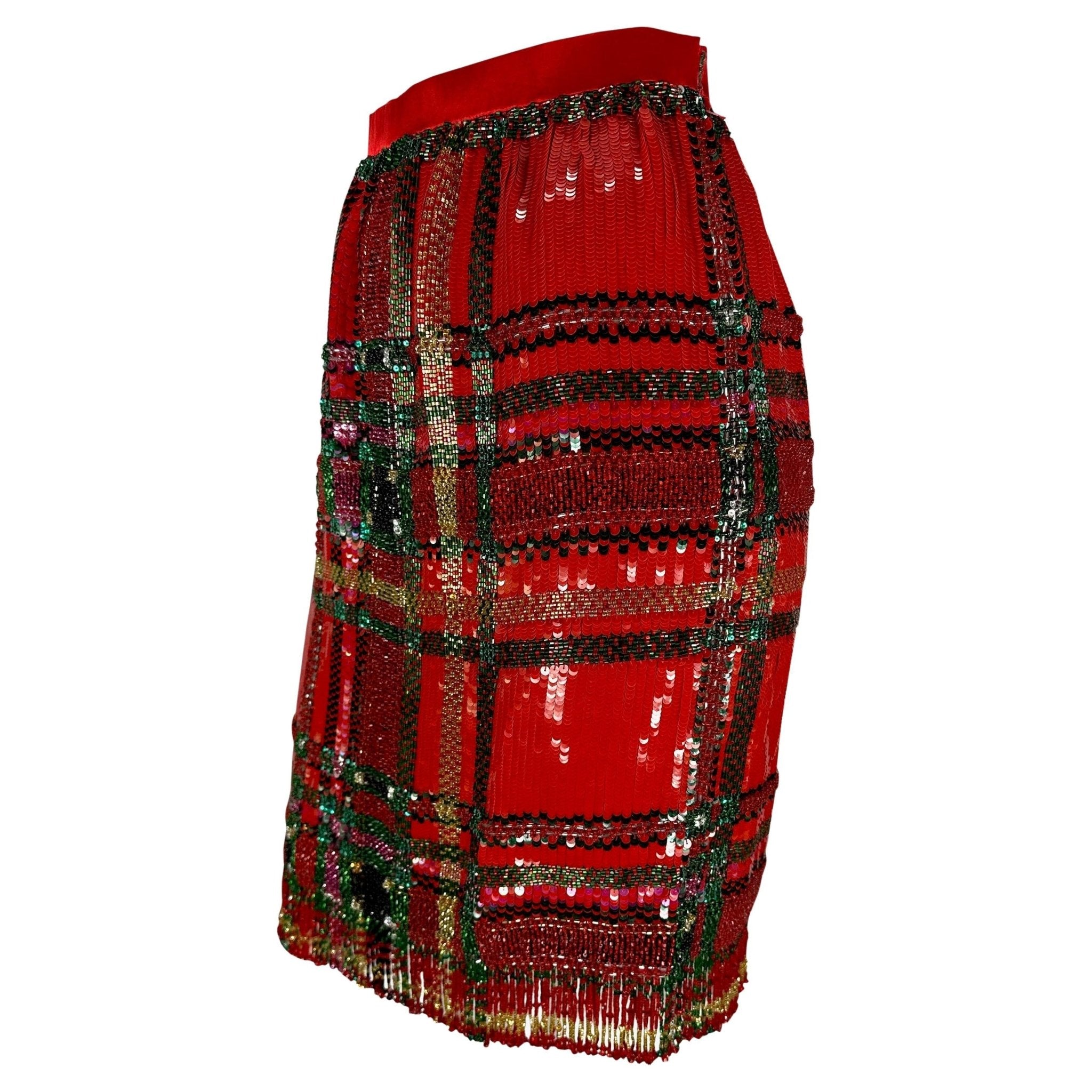 F/W 1991 Oscar de La Renta Runway Red Tartan Sequin Beaded Fringe Pencil Skirt - RealList