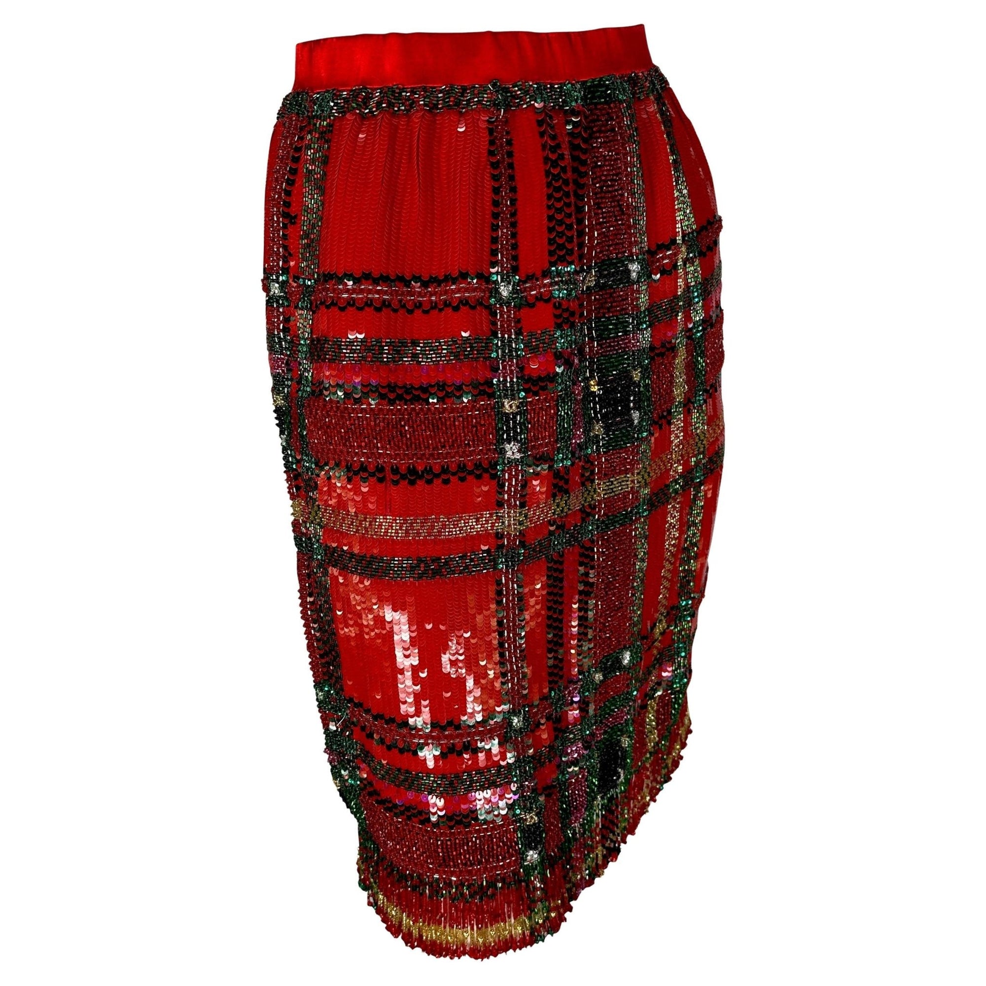 F/W 1991 Oscar de La Renta Runway Red Tartan Sequin Beaded Fringe Pencil Skirt - RealList