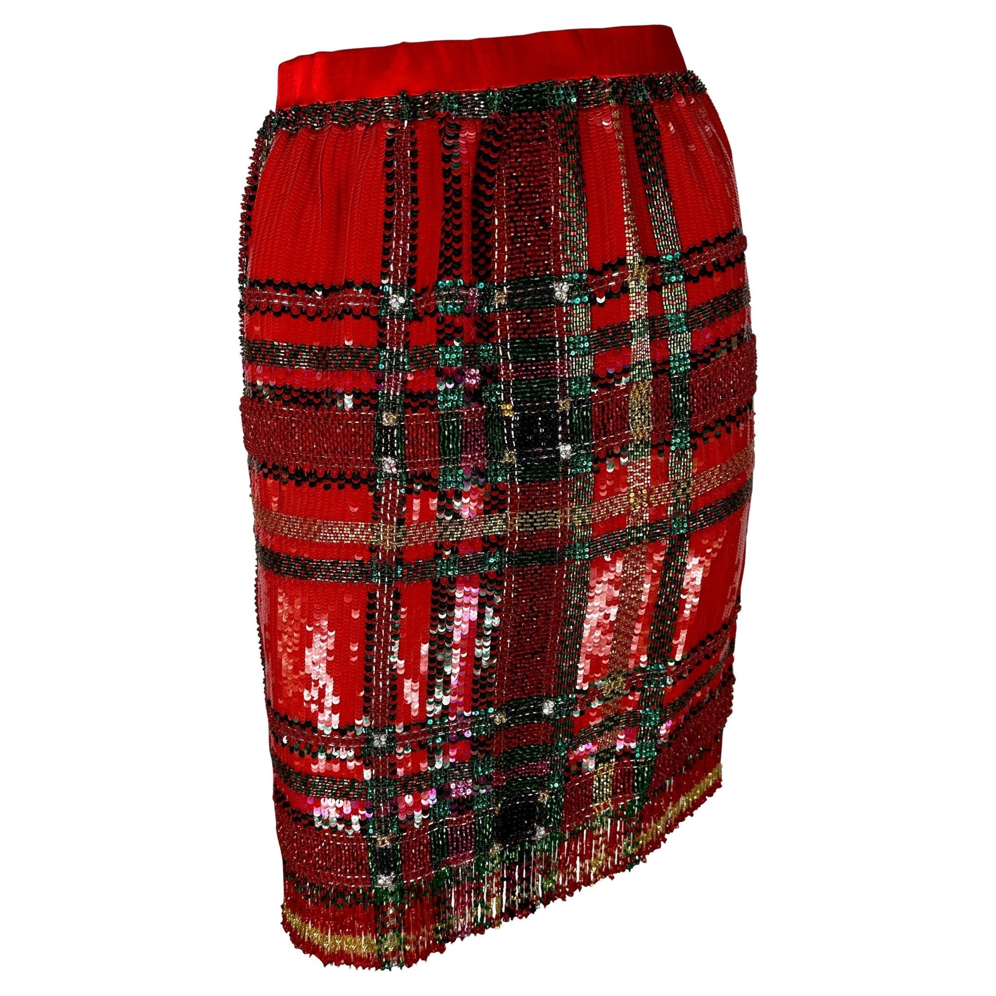 F/W 1991 Oscar de La Renta Runway Red Tartan Sequin Beaded Fringe Pencil Skirt - RealList