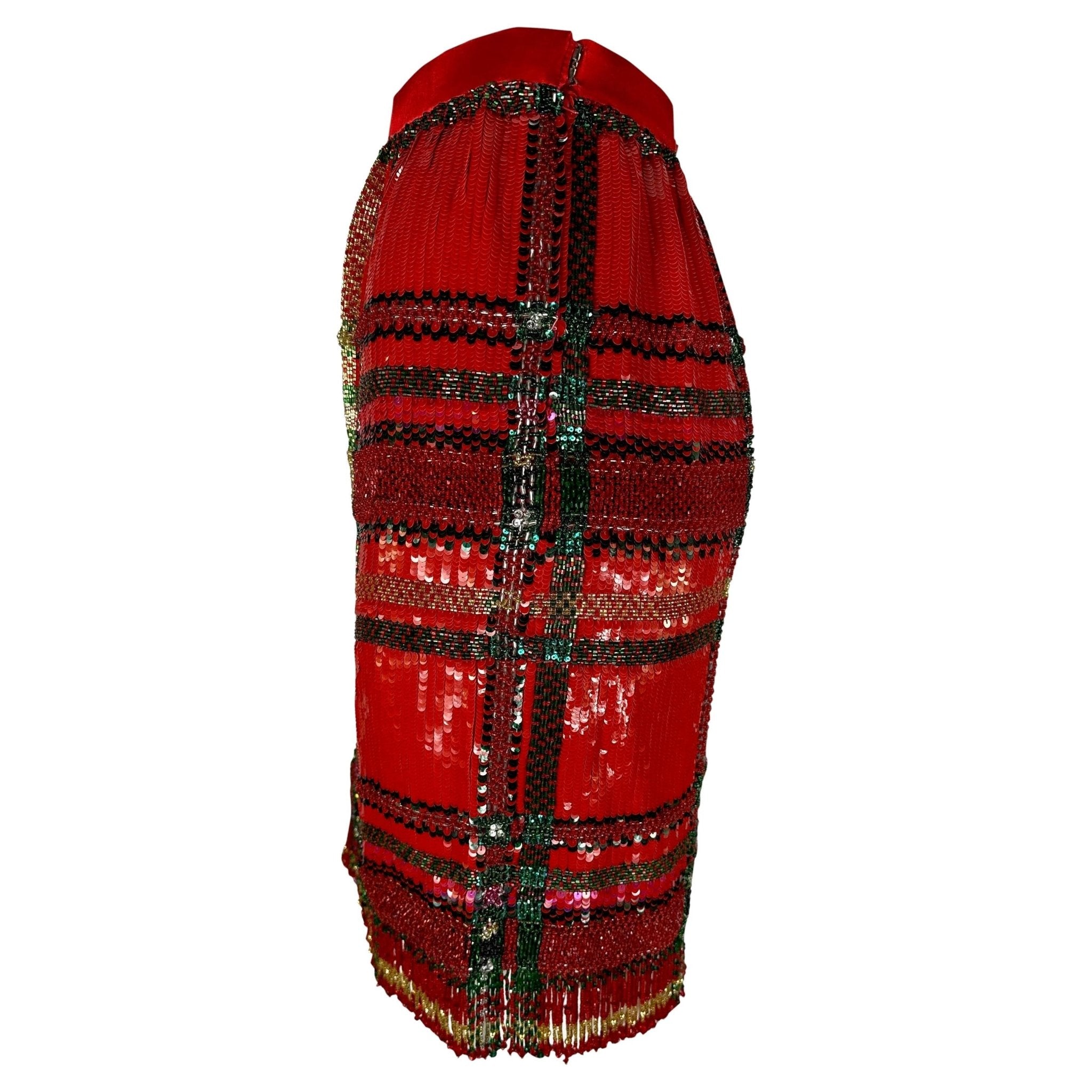 F/W 1991 Oscar de La Renta Runway Red Tartan Sequin Beaded Fringe Pencil Skirt - RealList