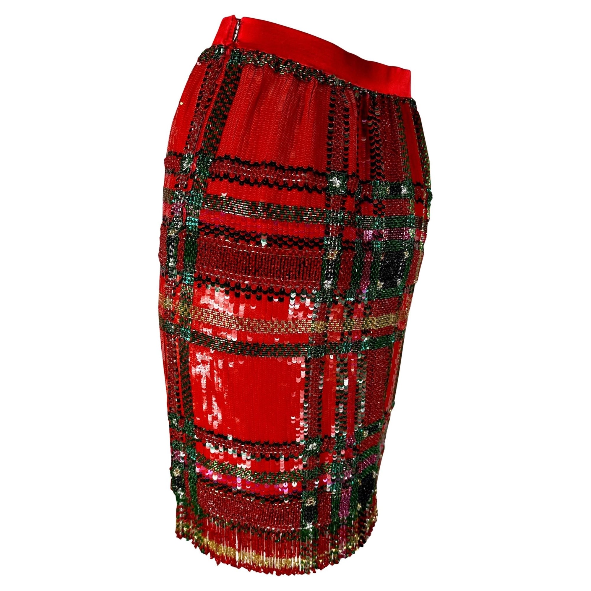 F/W 1991 Oscar de La Renta Runway Red Tartan Sequin Beaded Fringe Pencil Skirt - RealList