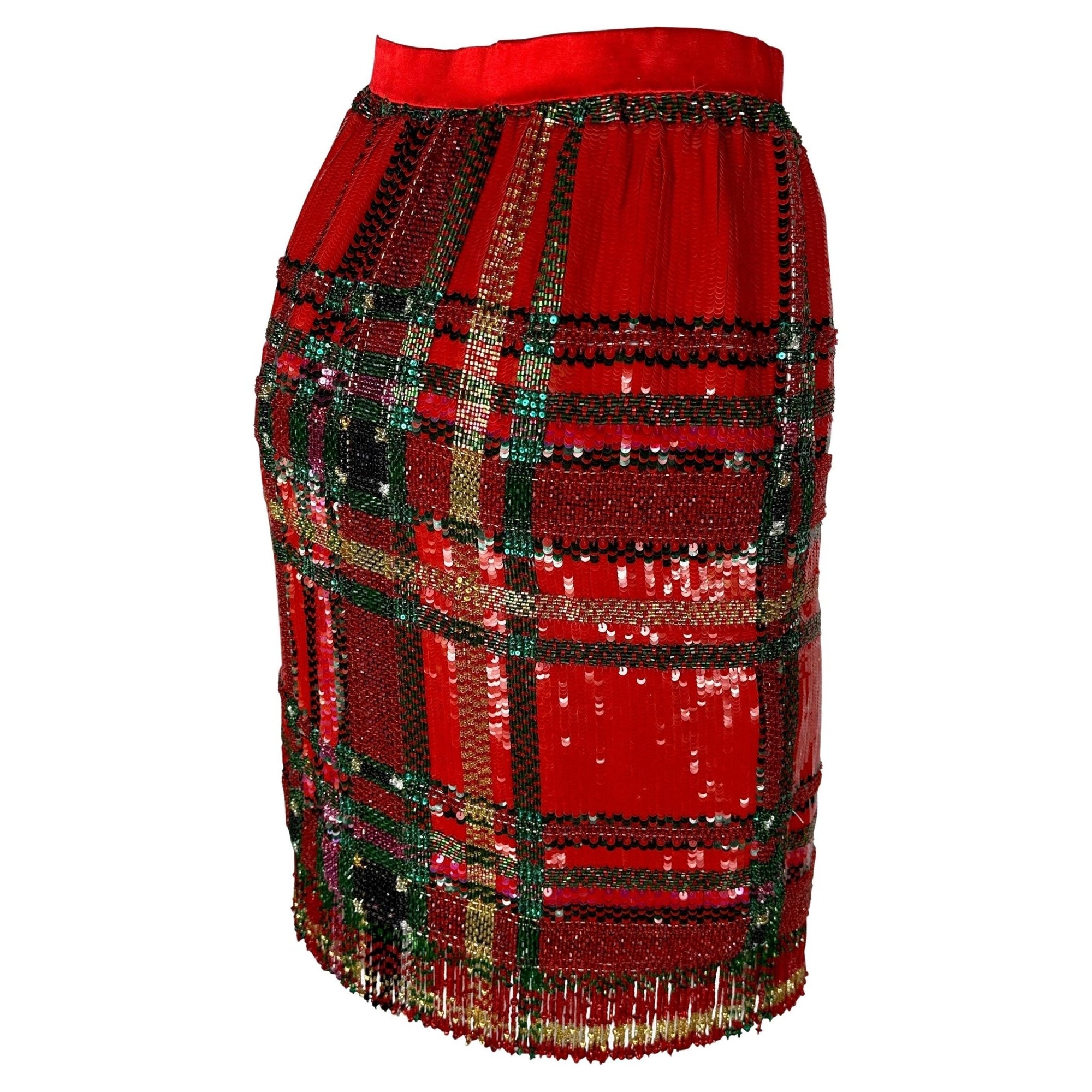 F/W 1991 Oscar de La Renta Runway Red Tartan Sequin Beaded Fringe Pencil Skirt - RealList