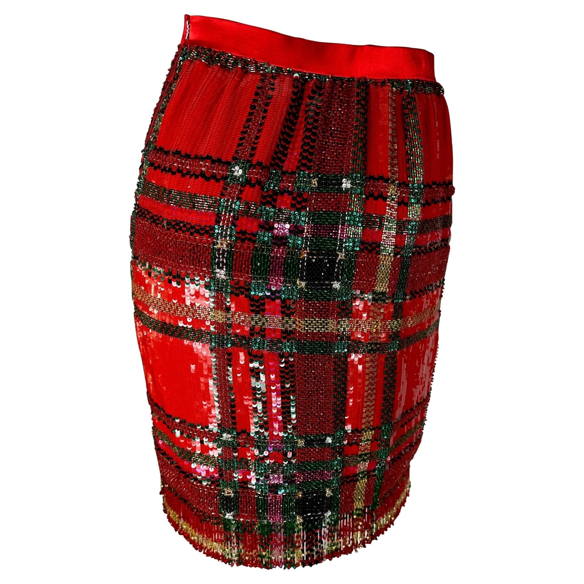 F/W 1991 Oscar de La Renta Runway Red Tartan Sequin Beaded Fringe Pencil Skirt - RealList