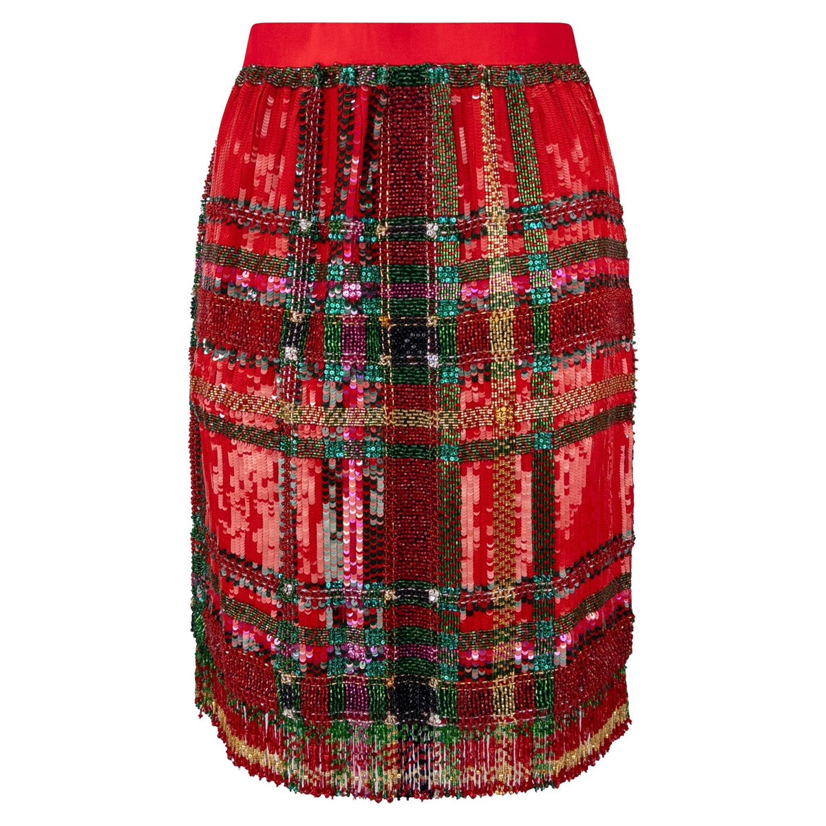 F/W 1991 Oscar de la Renta Runway Red Tartan Sequin Beaded Fringe Pencil Skirt - RealList